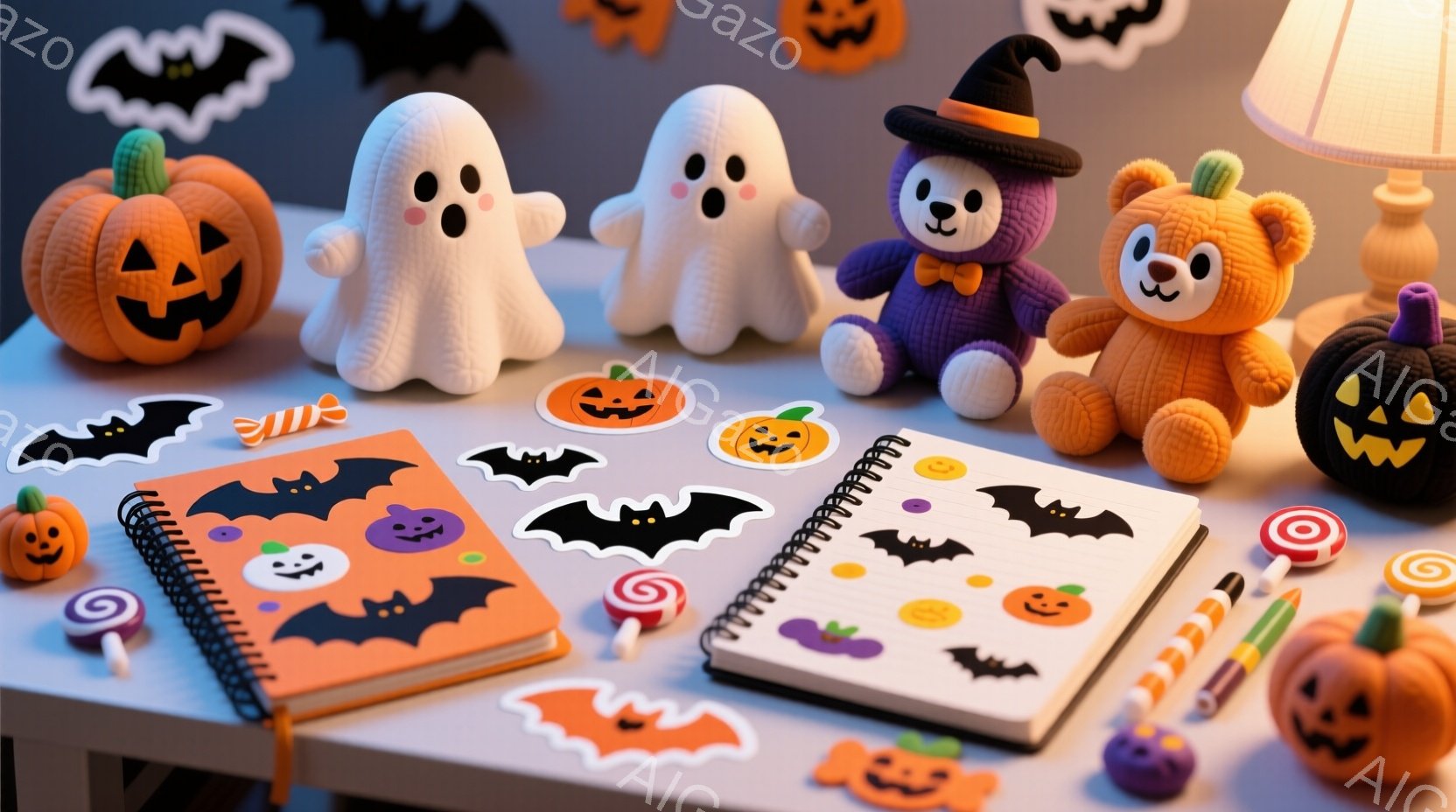 白いテーブルの上に、ハロウィーンの装飾が散らばっています。カボチャのランタン、お化け、コウモリのステッカー、キャンディー、そしてノートが置かれており、暖かくお祭り気分を醸し出しています。背景はぼやけて - AI生成フリー素材