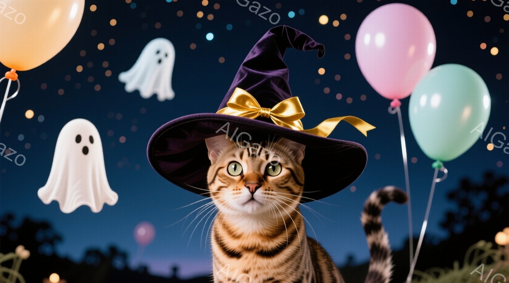 縞模様の猫がハロウィーンの魔女帽子をかぶり、正面を見つめている。背景には、漂う幽霊や色とりどりの風船、そしてぼんやりとした街並みが夜空に浮かび、ハロウィーンの夜の幻想的な雰囲気を醸し出している。猫の表情はどこか神秘的で、この夜の主役であるかのような印象を与える。