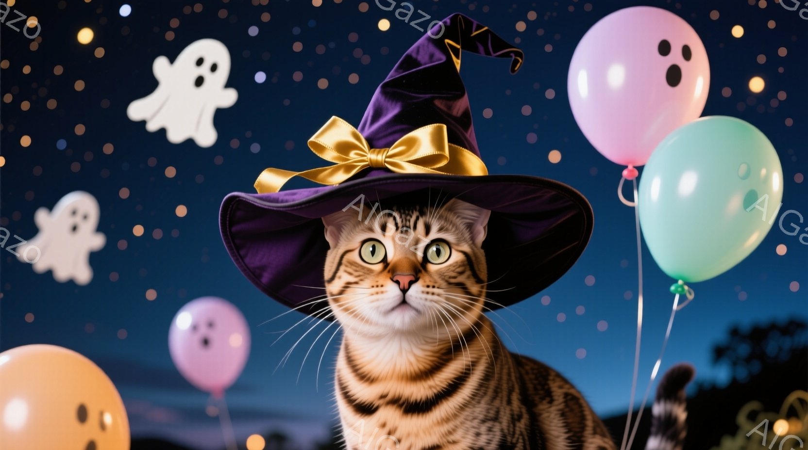 茶色の縞模様の猫が、ハロウィーンらしい紫色の帽子を被って正面を見つめている。背景には、青とピンクの風船や、ぼんやりとした白い幽霊の形が浮かび、夜空のような暗い青色を基調とした背景が広がっている。全体的 - AI生成フリー素材