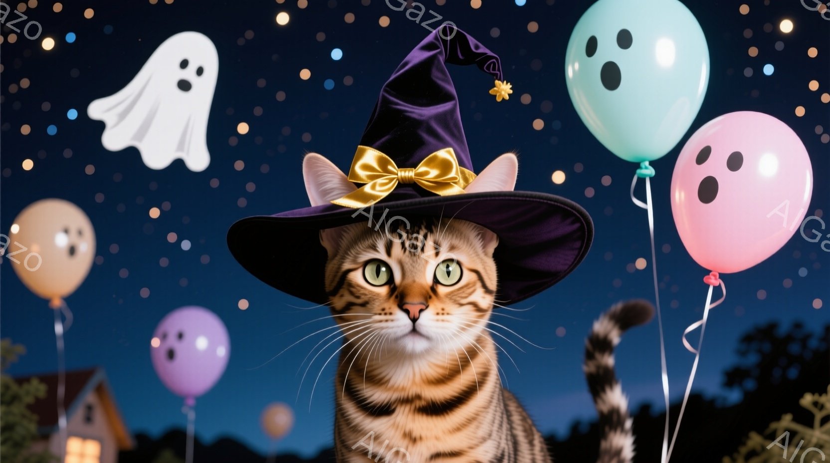 茶色の縞模様の猫が、ハロウィーンの帽子をかぶって正面を見つめています。背景には、青とピンクの風船や幽霊のシルエットが浮かび、遠くに屋根が見える暗い夜空が広がっています。全体的に、可愛らしく遊び心のある - AI生成フリー素材