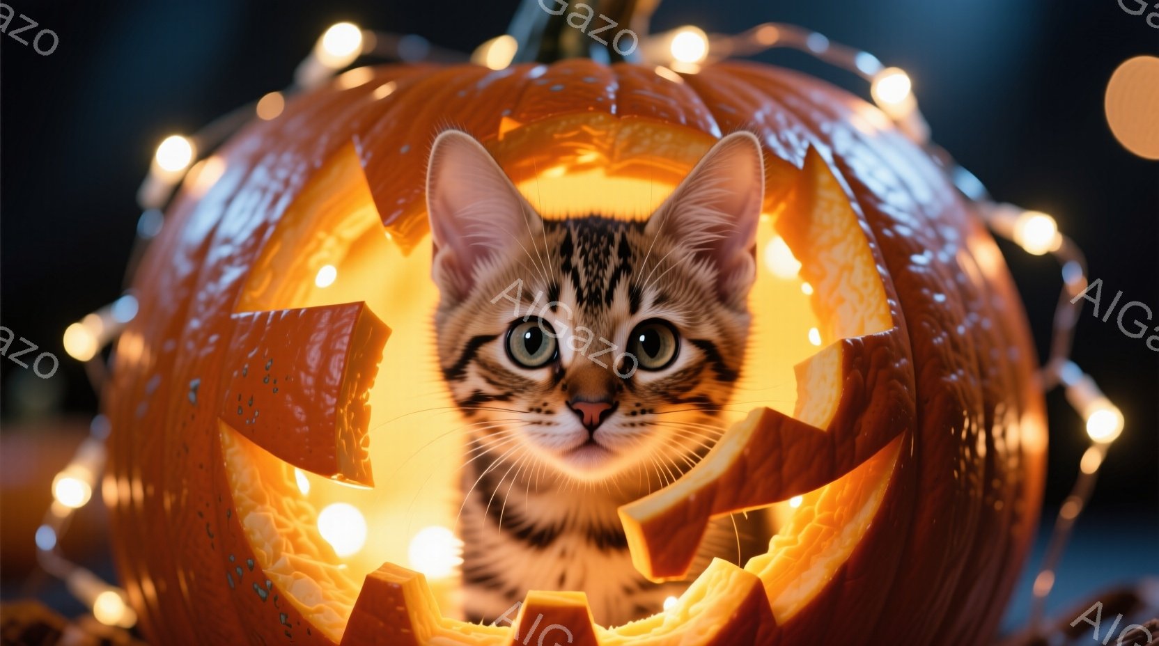縞模様の小さな子猫が、くり抜かれたオレンジ色のカボチャの中に顔を出しています。子猫は大きな緑色の目をしており、少し驚いたような、または好奇心旺盛な表情をしています。カボチャの周りには暖かい光を放つ小さ - AI生成フリー素材