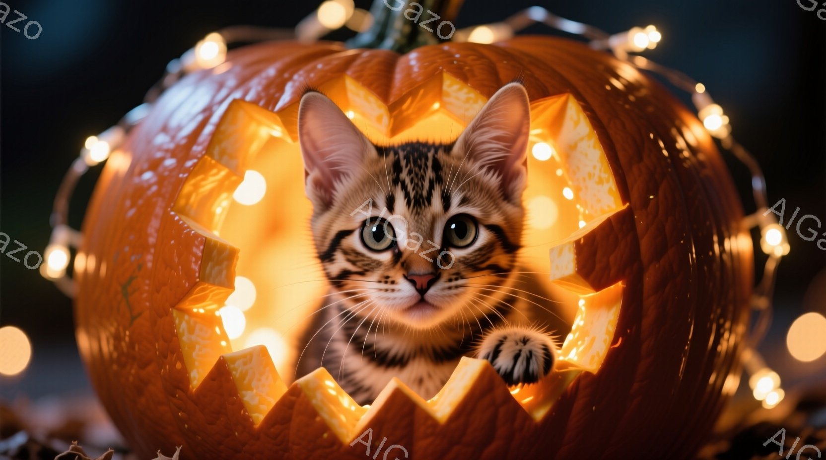 縞模様の小さな子猫が、ハロウィーンのくり抜かれたカボチャの中に顔を出しています。子猫は少し戸惑ったような表情で、前足でカボチャの縁に掴まっています。背景には、ぼやけたオレンジ色の光が輝き、ハロウィーン - AI生成フリー素材