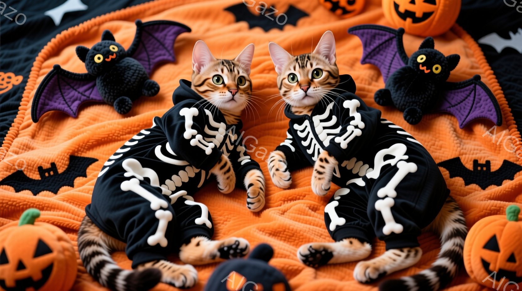 2匹のキジトラ猫が、骸骨柄の黒いジャンプスーツを着て、オレンジ色の毛布の上に並んで座っています。猫たちはリラックスした表情で、少しだけ前を向いています。背景には、ハロウィーンの飾りであるカボチャのぬい - AI生成フリー素材