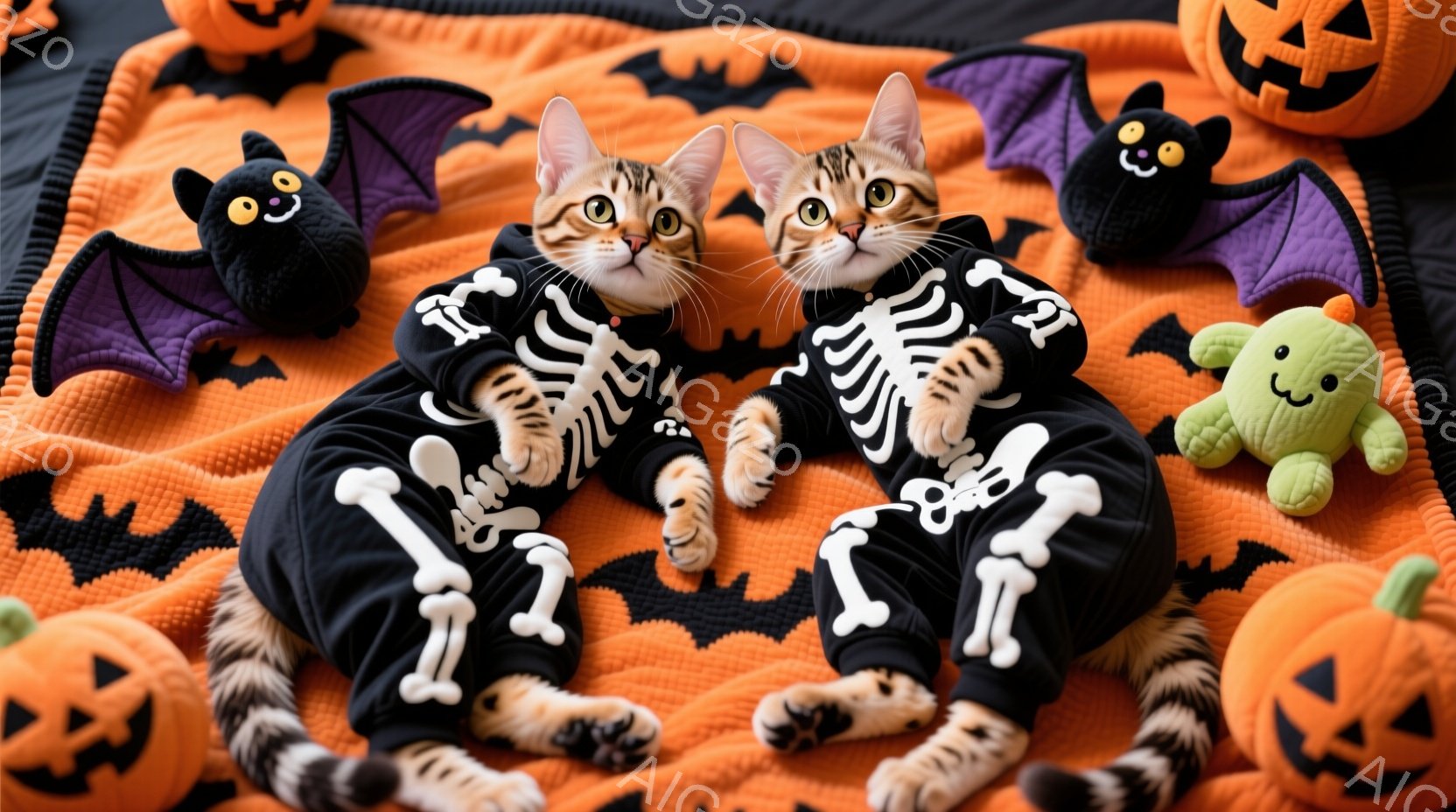 ハロウィーンの衣装を着た2匹のキティが写っています。2匹ともスケルトン柄の黒い服を着て、お互いに寄り添い、前足で抱き合っているようです。背景にはオレンジと黒のハロウィーン柄の布と、カボチャやお化けのぬいぐるみが散りばめられており、お祝いの雰囲気です。