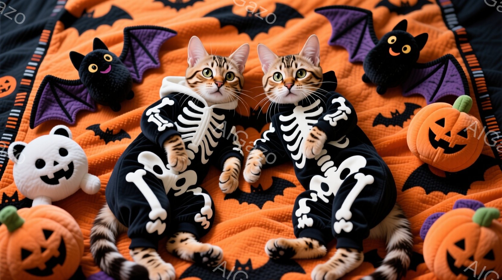 オレンジ色の背景に、骸骨模様の衣装を着た子猫が二匹、お互いに寄り添って座っています。子猫たちは、好奇心と少しの戸惑いが見られる表情で、カメラを見つめています。背景には、かぼちゃのぬいぐるみや黒猫、コウ - AI生成フリー素材