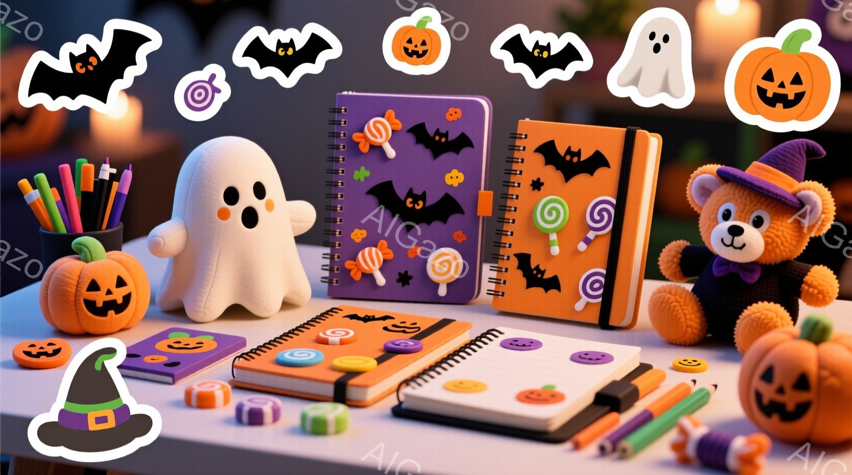 ハロウィーンをテーマにした静物画で、オレンジ、紫、白を基調とした装飾品がテーブル上に並べられています。かぼちゃのランタン、お化けのぬいぐるみ、魔女帽子、キャンディー、文房具などが散りばめられ、楽しいお - AI生成フリー素材