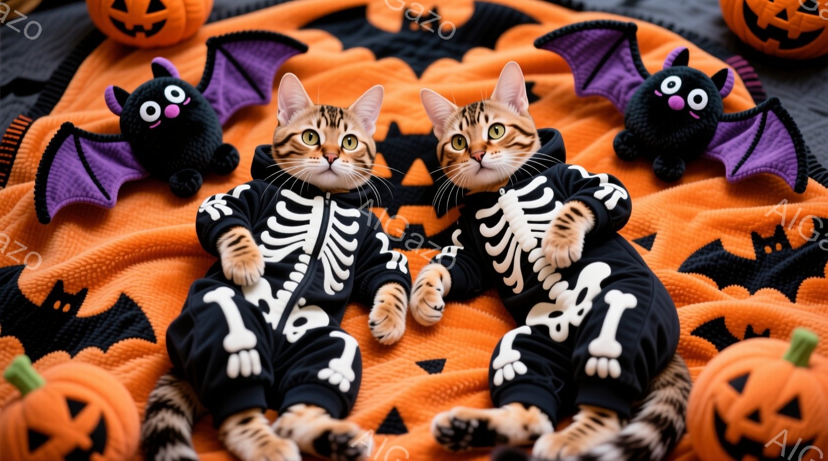 2匹の猫がハロウィーンの衣装を着て、オレンジ色の背景に並んで座っています。衣装はスケルトンのデザインで、猫たちは前足を組み、少し驚いたような表情をしています。背景には、ハロウィーンの装飾品であるカボチ - AI生成フリー素材