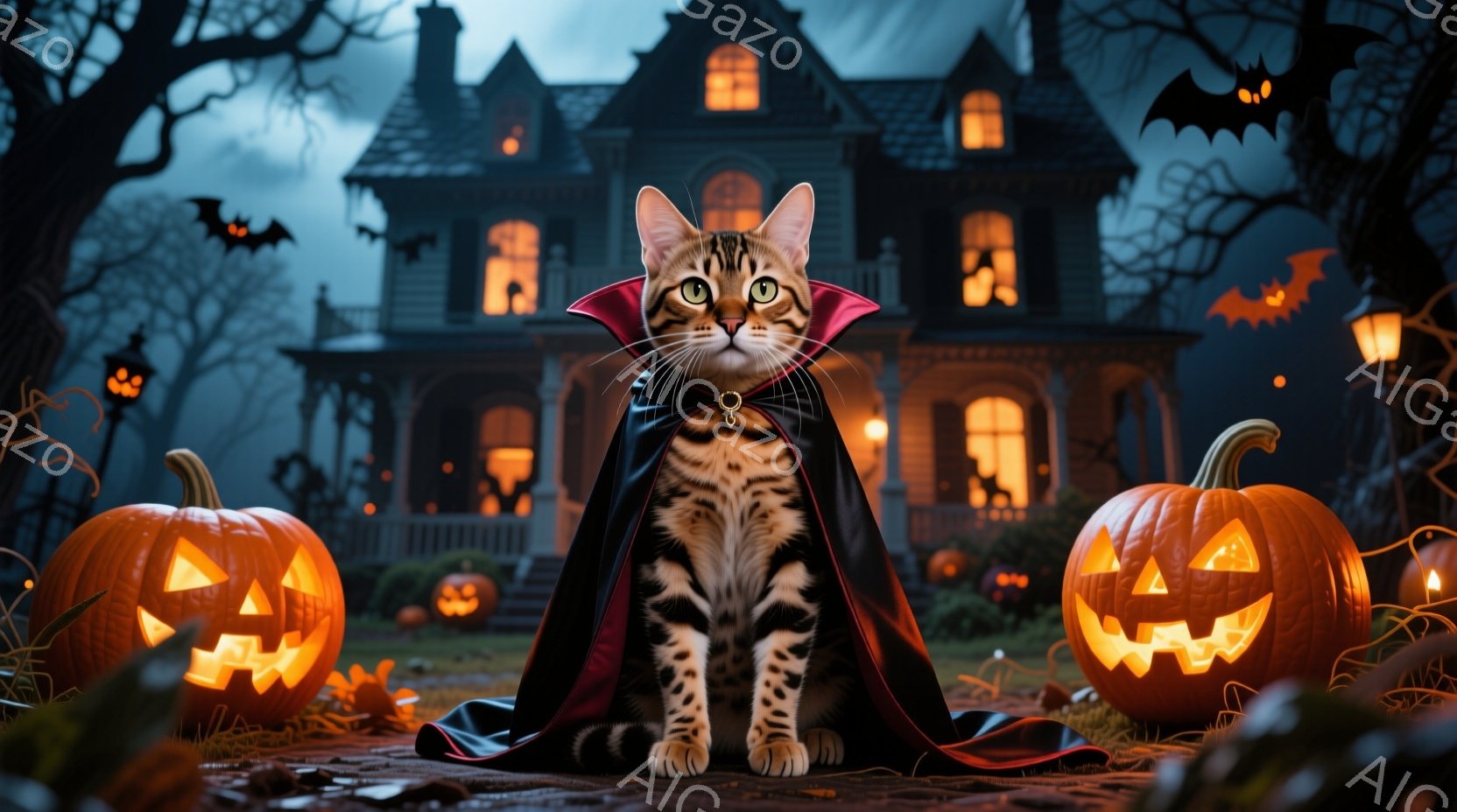 明るいオレンジ色のハロウィーンのランタンに囲まれた、首輪を付けた縞模様の猫が、黒いマントを着て正面をまっすぐ見つめています。背景には、暗い空の下にそびえ立つ不気味な屋敷があり、木々がシルエットとなって不吉な雰囲気を醸し出しています。全体として、この画像は、ハロウィーンの夜の少しユーモラスで不気味な雰囲気を捉えています。