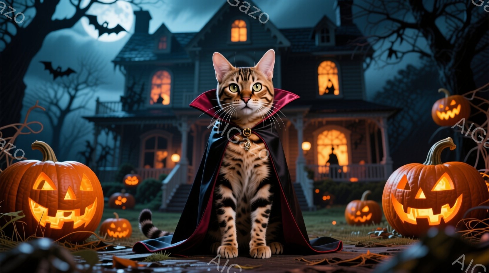 縞模様の猫が、黒いマントと襟付きの服を着て、ハロウィーンの夜に家の前に座っています。背景には、ジャック・オー・ランタン、暗い空、満月、そして古くて不気味な家が見え、夜の雰囲気を高めています。全体的に不 - AI生成フリー素材