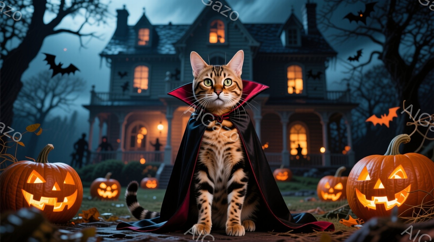 縞模様の猫が、ハロウィーンらしい黒いマントと赤い襟を付けて座っています。背景には、オレンジ色の光が灯るジャック・オ・ランタンや、不気味なシルエットの建物、そして暗い空に舞うコウモリが見えます。全体的に - AI生成フリー素材