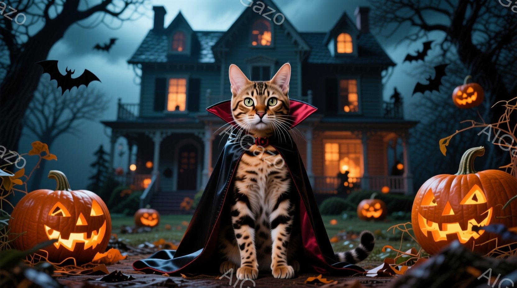 縞模様の猫が、黒いマントと赤い襟をつけ、まるで吸血鬼のように座っています。背景には、ハロウィーンの装飾が施された家と、様々な大きさのジャック・オー・ランタンが並び、暗い空にはコウモリが飛んでいます。全 - AI生成フリー素材