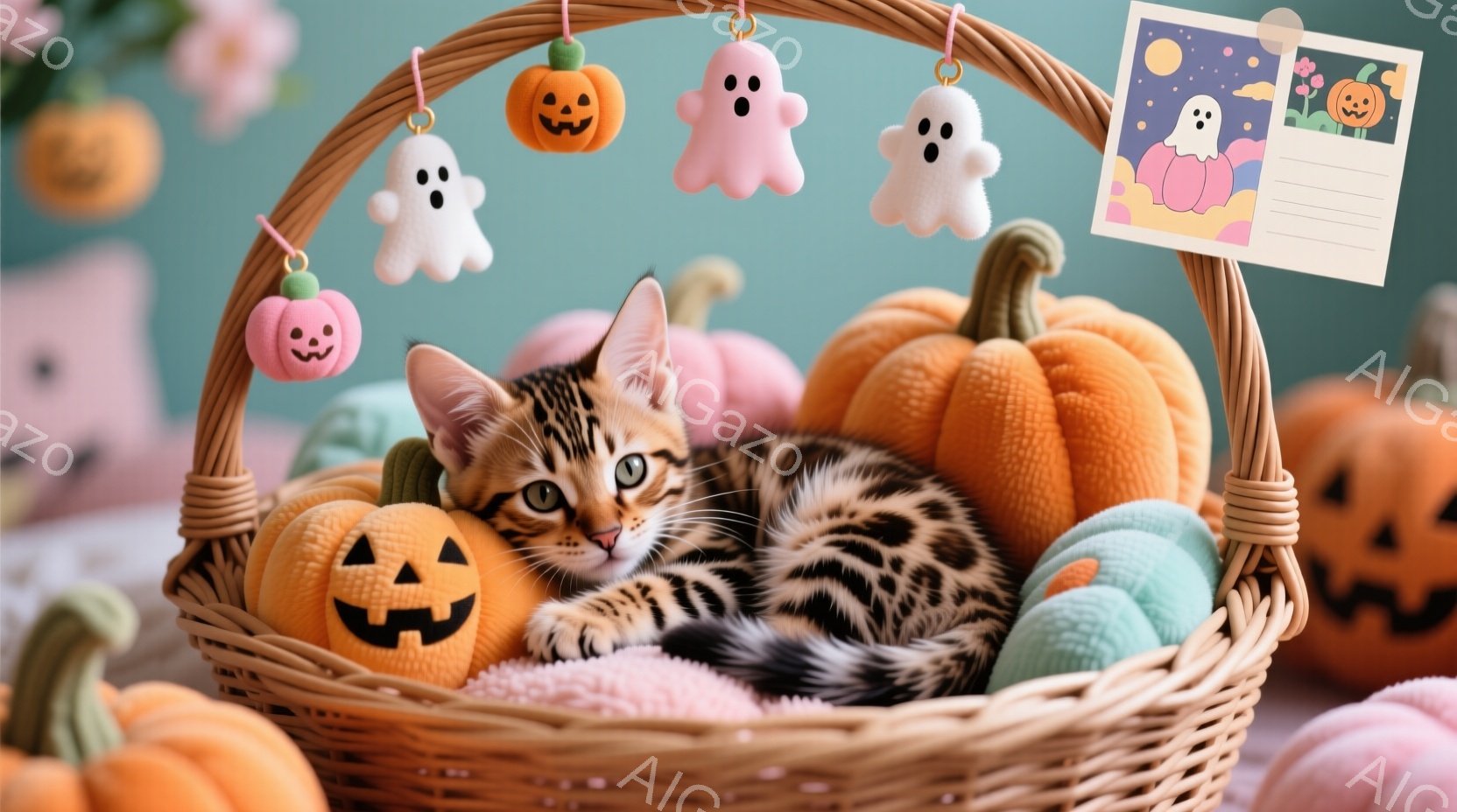 籐で編まれたバスケットの中に、斑模様の小さな子猫がリラックスして横たわっています。周囲には、オレンジ、水色、ピンクのハロウィーンのパンプキンとゴーストの飾りがあり、秋らしい雰囲気を醸し出しています。子 - AI生成フリー素材