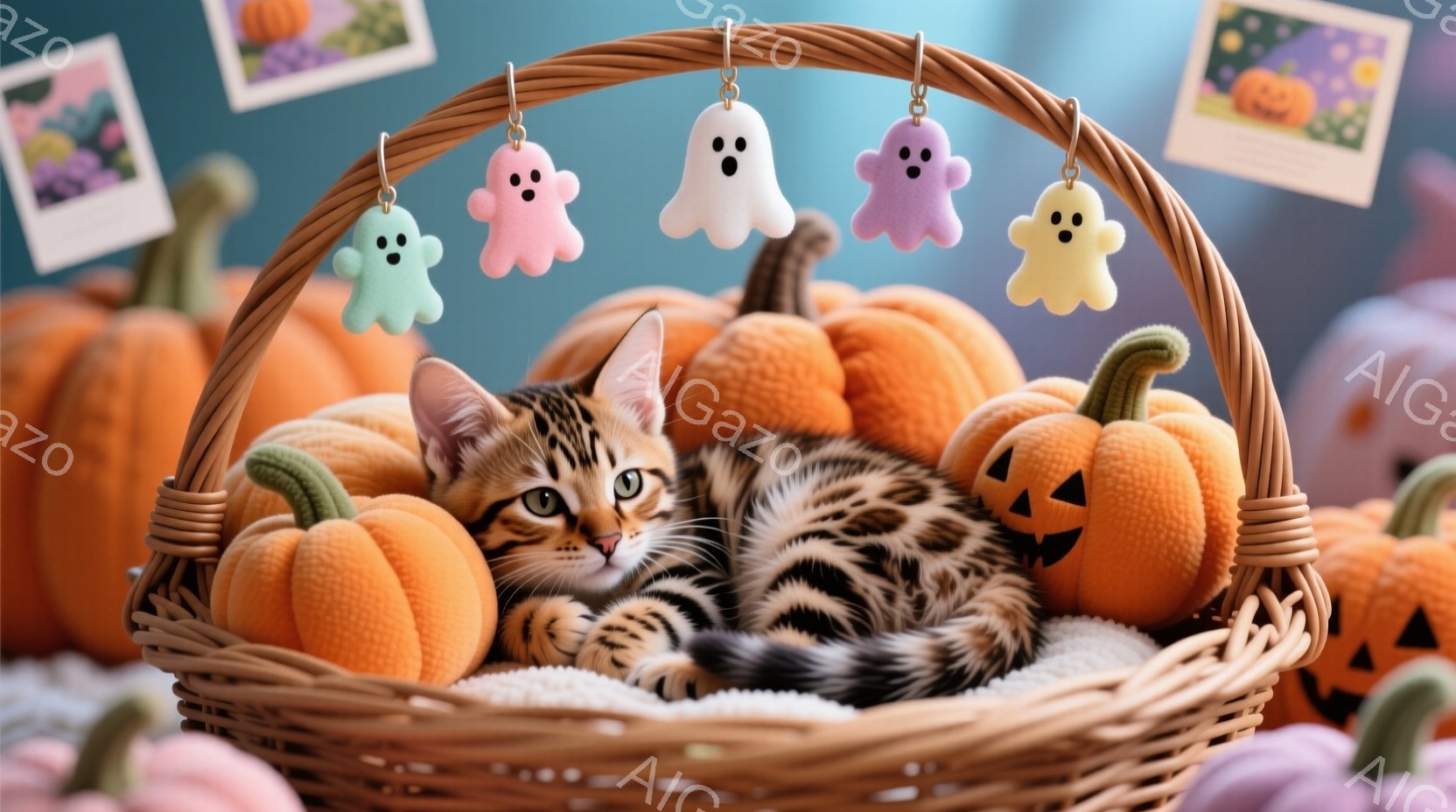 子猫が、ハロウィーンの飾り付けで彩られたバスケットの中に丸まって眠っています。オレンジ色のふわふわとしたカボチャのぬいぐるみと、白い幽霊のオーナメントが、秋の暖かく可愛らしい雰囲気を醸し出しています。 - AI生成フリー素材