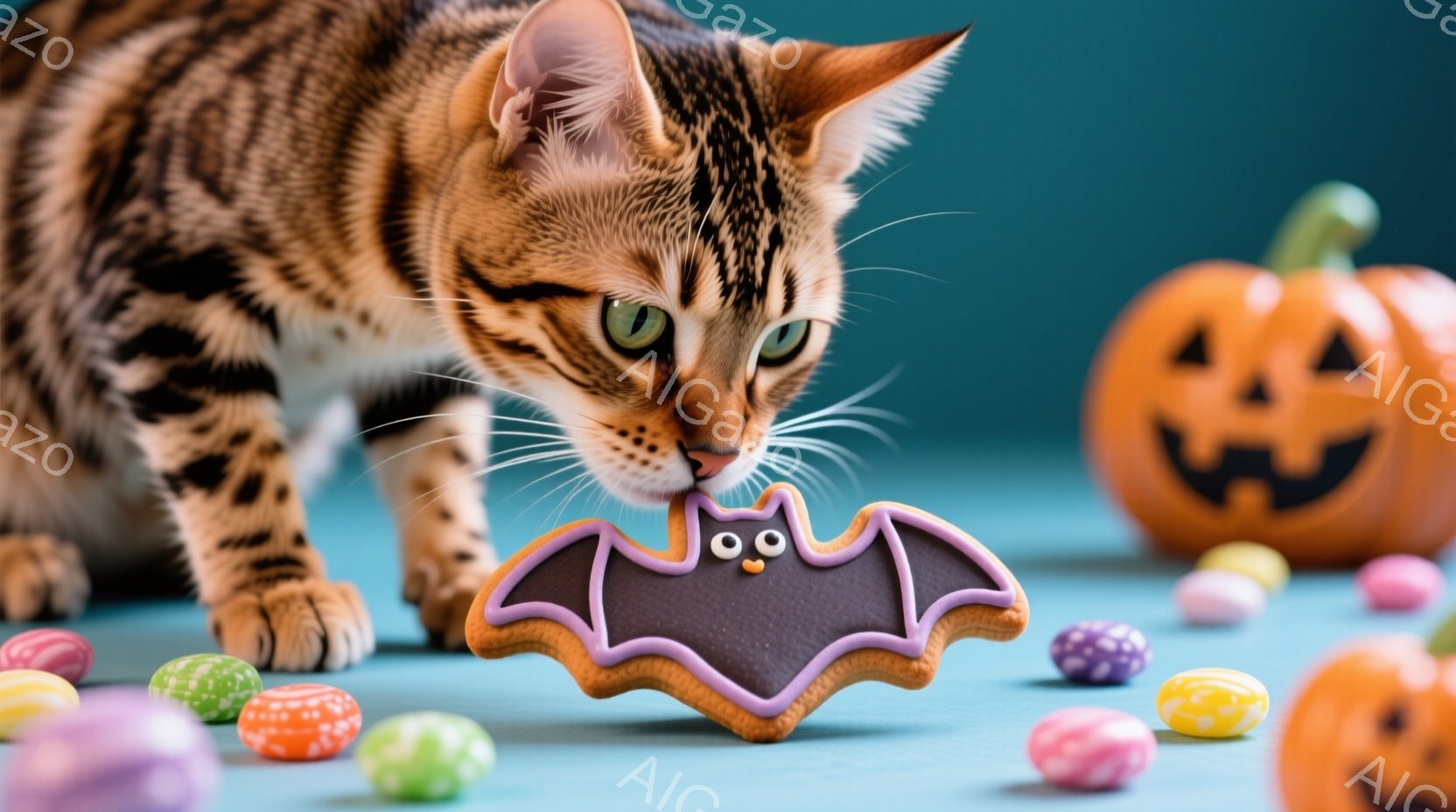 茶色のトラ柄の猫が、ハロウィーンをテーマにしたクッキー（コウモリの形）の前にかがみ込んでいます。背景は水色の単色で、様々な色の小さなキャンディーと、ジャック・オー・ランタンの彫刻がされたオレンジ色のカボチャがいくつか置かれています。全体的に、遊び心があり、お祝いの雰囲気で、ハロウィーンの準備をしている様子が伝わってきます。