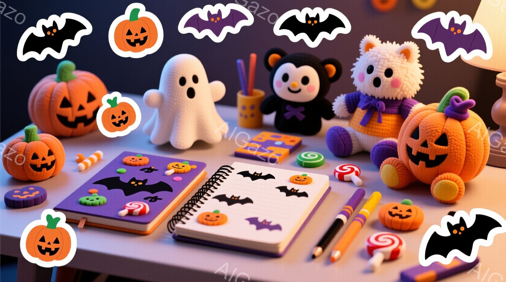 ハロウィーンの装飾がテーブルの上に配置されています。カボチャのランタン、お化け、黒猫、コウモリ、キャンディー、そしてノートが並び、賑やかな雰囲気を醸し出しています。ノートはハロウィーンのモチーフで飾ら - AI生成フリー素材