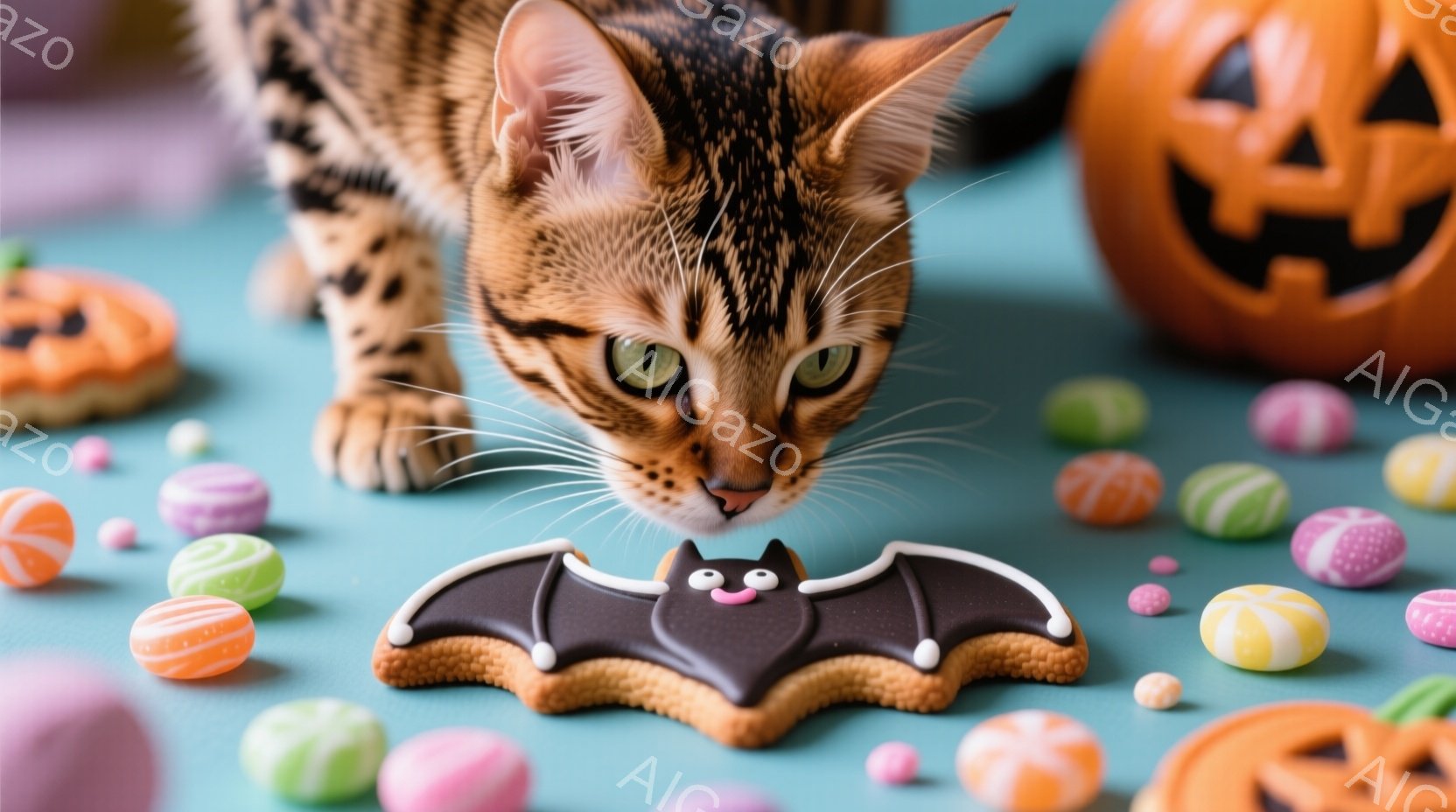 チャットバットが集中し、視線を探す表情の黒斑模様のタイガーキャットであることが印象的です。背景にハロウィンスティングの要素（パンプキン、カボチャカップキン）が加えられています。タイガーキャットは集中しているため、表情や動作は単一のポーズで描かれています。雰囲気は調和がとっており、カワイイなハロウィンスティングの要素が加わることで産みました。