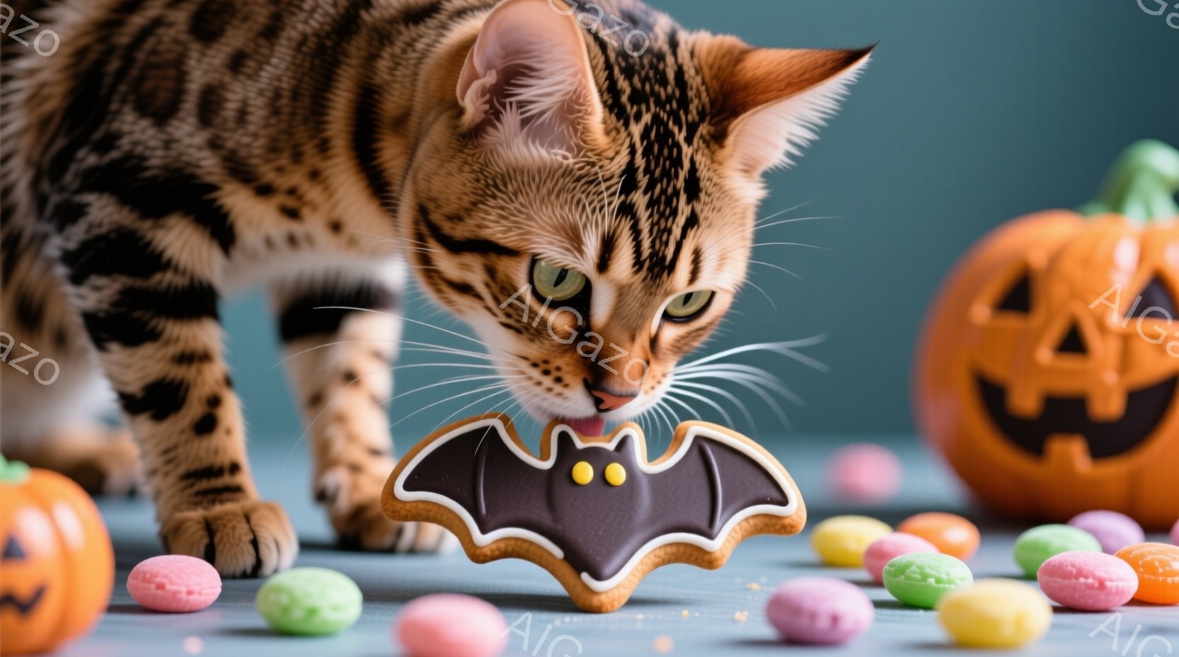 縞模様の猫が、ハロウィーンのクッキー（コウモリの形）を口にしようとしています。背景にはオレンジ色のジャック・オ・ランタンとカラフルなキャンディーが散らばっており、ハロウィーンの雰囲気を醸し出しています - AI生成フリー素材