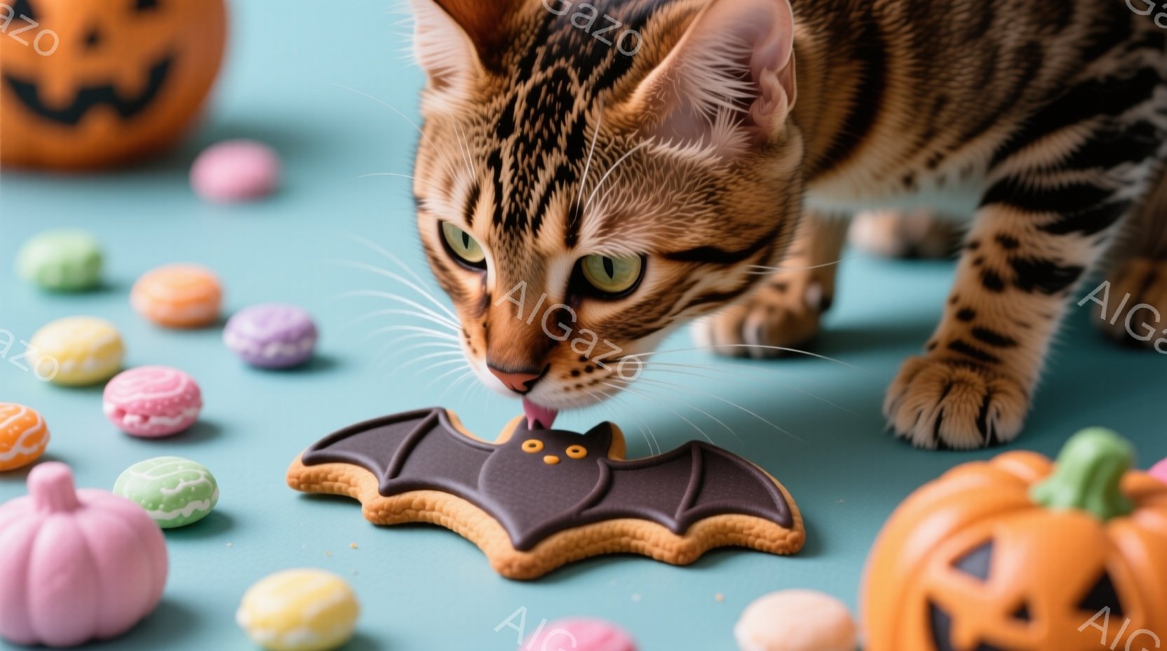 茶色のベンガル猫が、ハロウィーンをテーマにしたクッキー（コウモリの形）を舌でなめようとしています。背景にはカラフルなキャンディーと、ハロウィーンの装飾である小さなカボチャが散りばめられています。全体的 - AI生成フリー素材