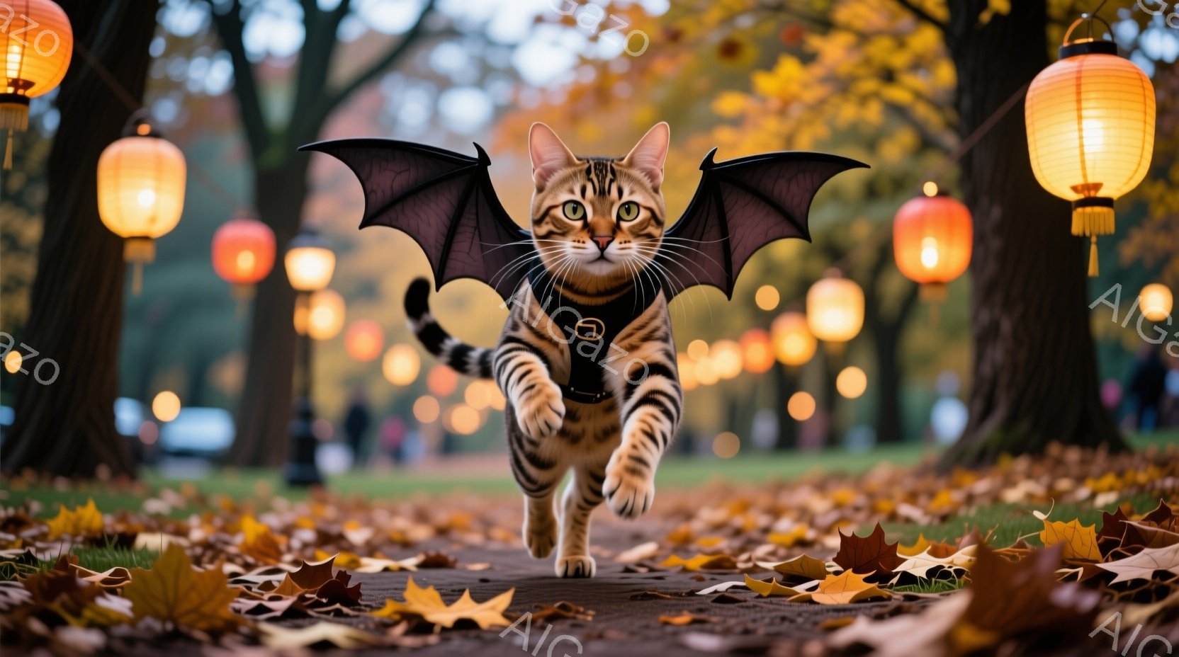 茶色の縞模様の猫が、まるで空を飛ぶように、公園の遊歩道を走り去っています。猫は翼のようなものを身に着け、まるで小さなドラゴンのようです。背景には秋の紅葉と、ぼんやりと光る提灯が並び、幻想的で温かい雰囲気を醸し出しています。