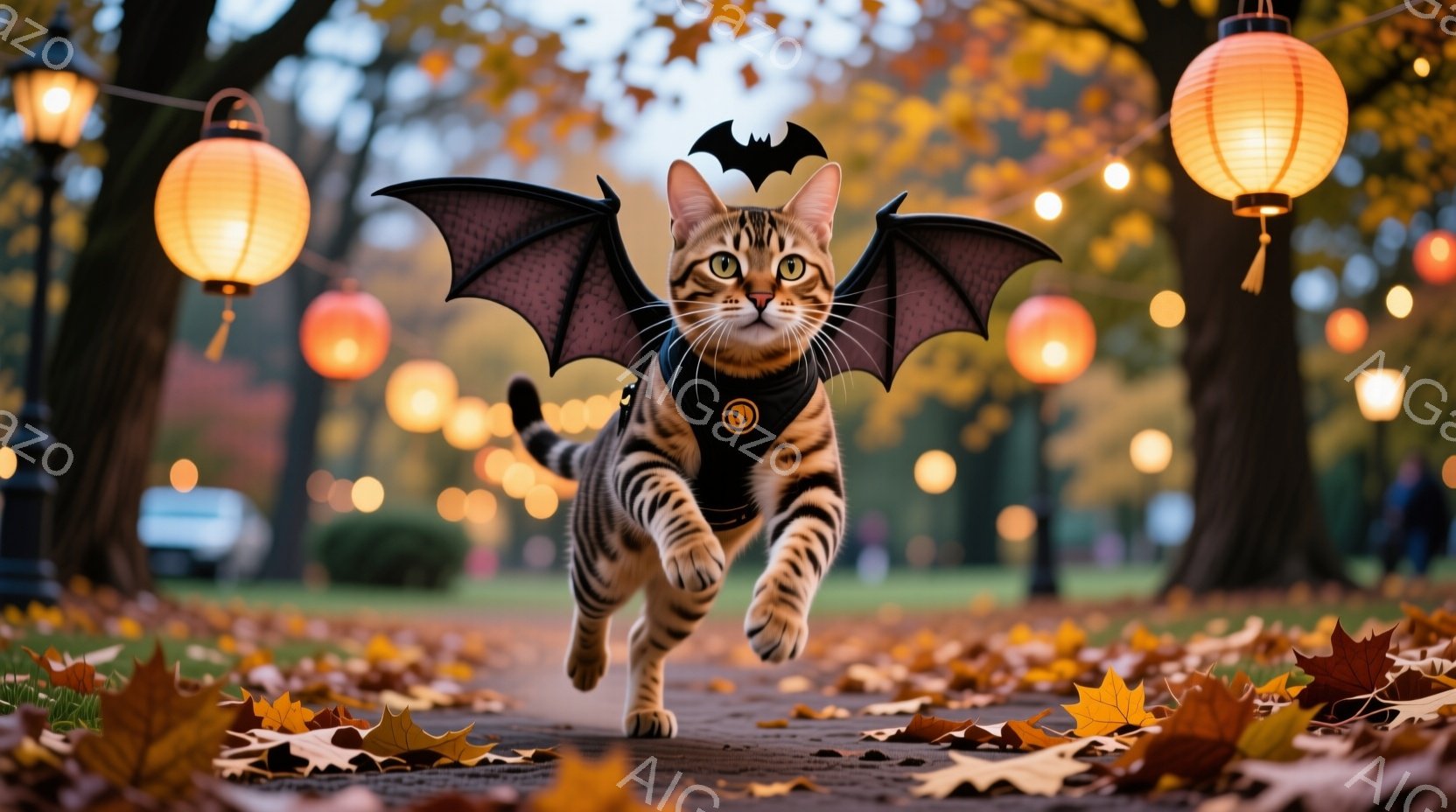 縞模様の猫が、翼のようなものを身に着け、公園の小道を走っている。背景には、ぼやけた街灯と、落ち葉で覆われた緑の芝生が広がり、ハロウィーンのような雰囲気を感じさせる。猫の表情は活発で、躍動感あふれる姿が - AI生成フリー素材