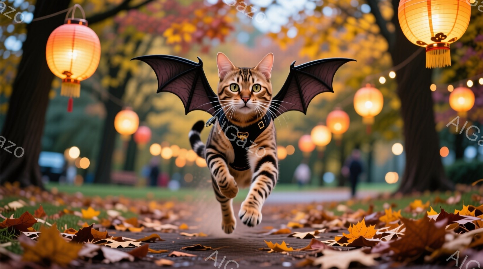 オレンジと茶色の落ち葉が散らばる公園の道の中央を、翼をつけた猫が勢いよく走り抜けている。猫はハーネスを身につけ、真剣な表情で前方を見据えている。背景には、ぼやけた木々と、夕暮れ時の空に飾られたオレンジ色の提灯が並び、幻想的で遊び心のある雰囲気を醸し出している。