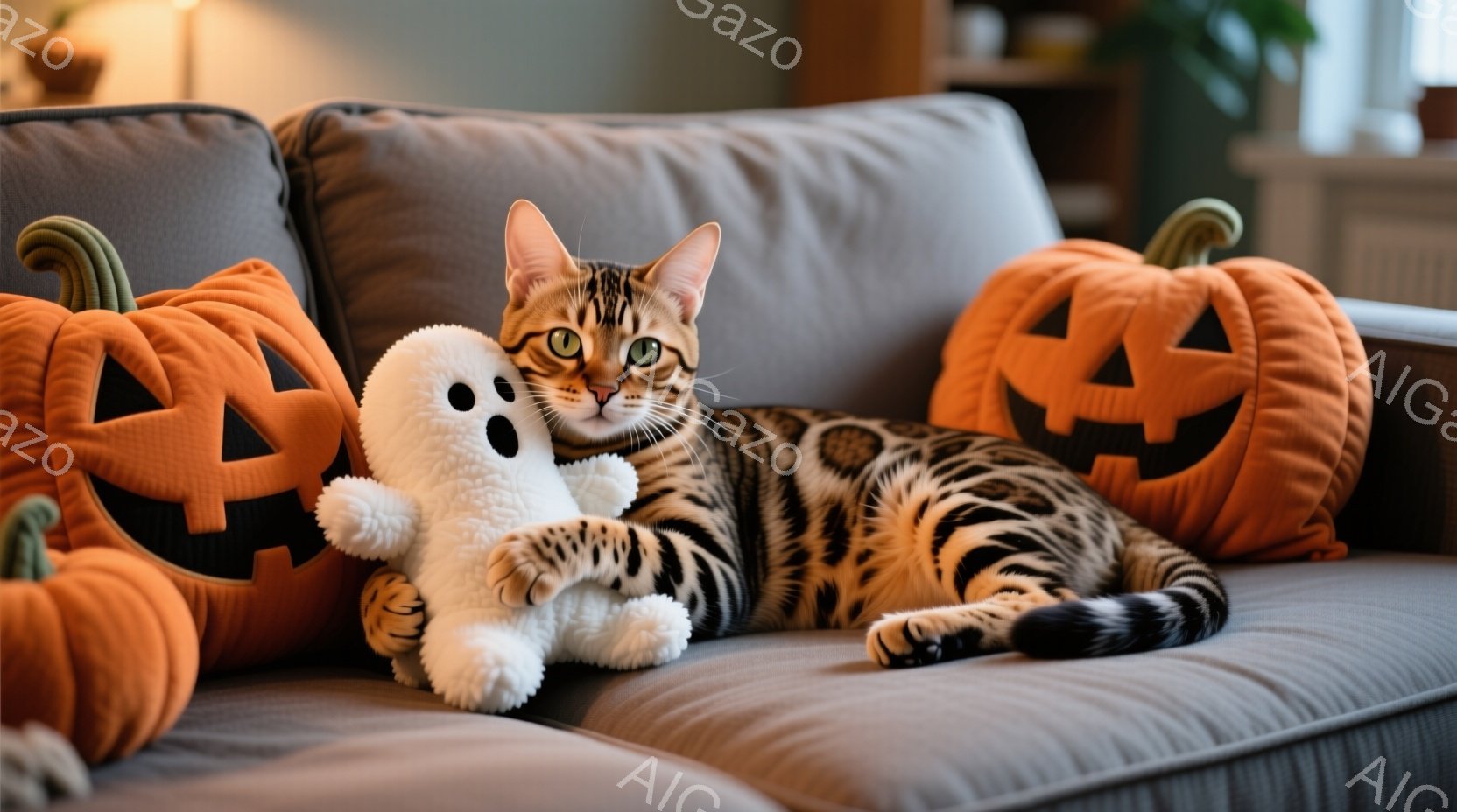 茶色のしま模様の猫が、ハロウィーンの飾りであるカボチャのクッションと白いお化けのぬいぐるみと一緒に、グレーのソファでくつろいでいる。猫はリラックスした表情で、お化けのぬいぐるみを抱きかかえ、その模様が - AI生成フリー素材