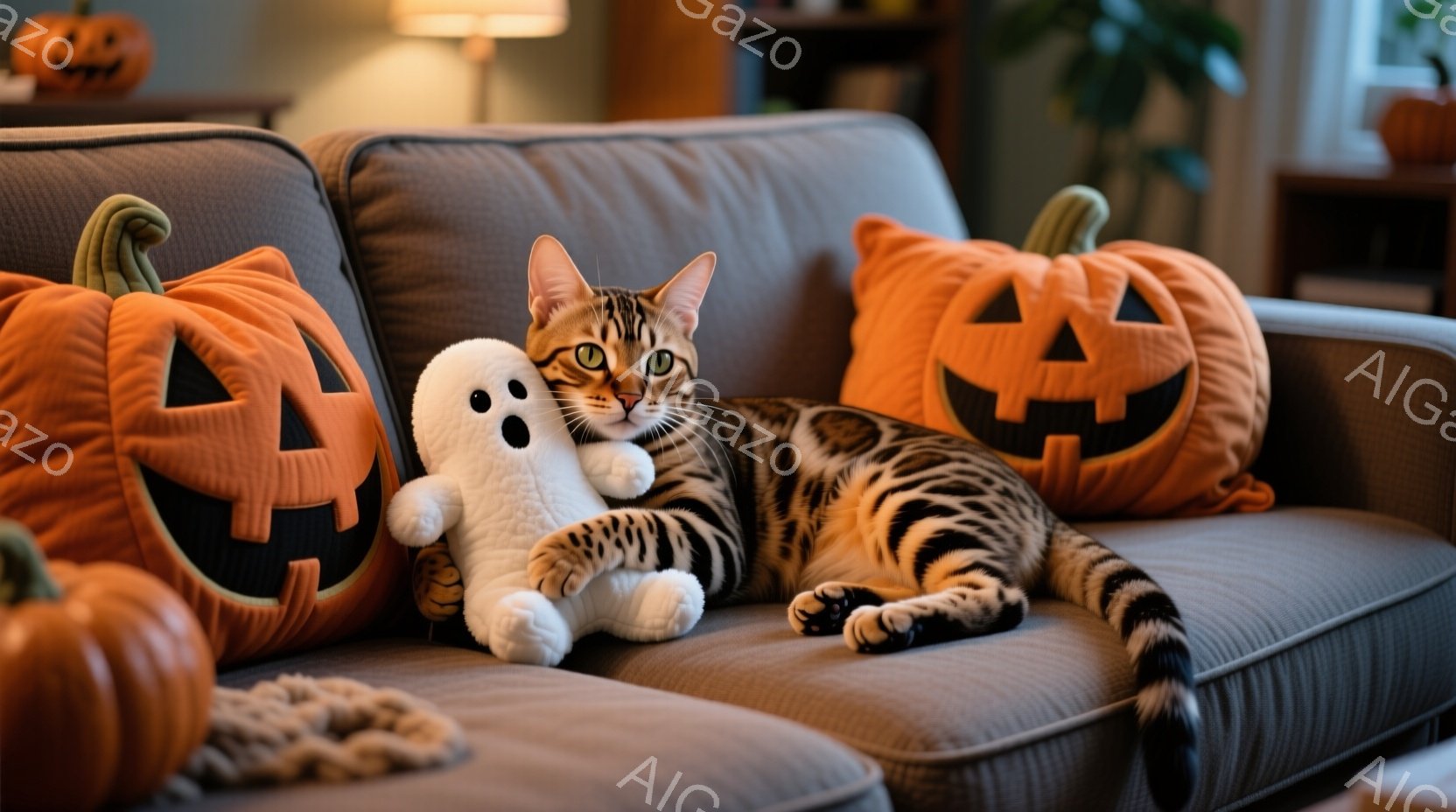 ソファの上で、縞模様の猫が横たわり、白い幽霊のぬいぐるみと寄り添っています。背景にはハロウィーンの装飾が施されたカボチャのクッションや置物が散りばめられ、秋の温かく穏やかな雰囲気を醸し出しています。猫 - AI生成フリー素材