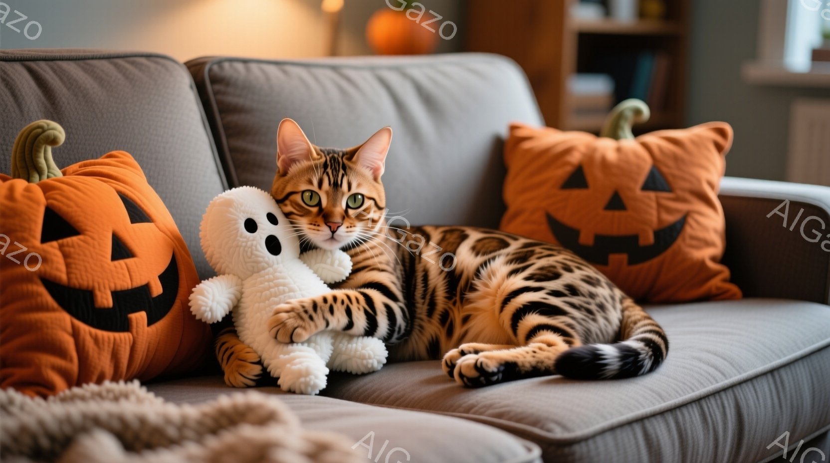 茶色の縞模様の猫が、ハロウィーンのオレンジ色のジャックオーランタンのクッションに挟まれてソファでリラックスして横たわっています。猫は白いゴーストのぬいぐるみを抱きしめ、穏やかな表情でカメラを見ています - AI生成フリー素材