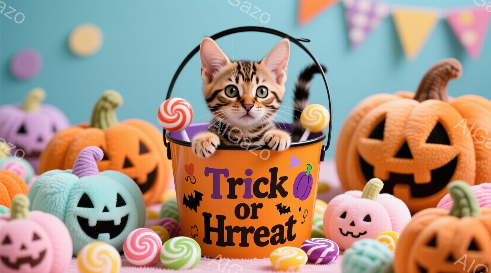 オレンジ色のハロウィーンのバケツの中に、小さな縞模様の猫が顔を出しています。バケツの周りには、様々な色のキャンディやオレンジと水色の可愛らしいカボチャのぬいぐるみが置かれ、楽しいハロウィーンの雰囲気を演出しています。背景は明るい水色で、ハロウィーンの飾り付けが施され、猫は好奇心旺盛な表情でこちらを見ています。