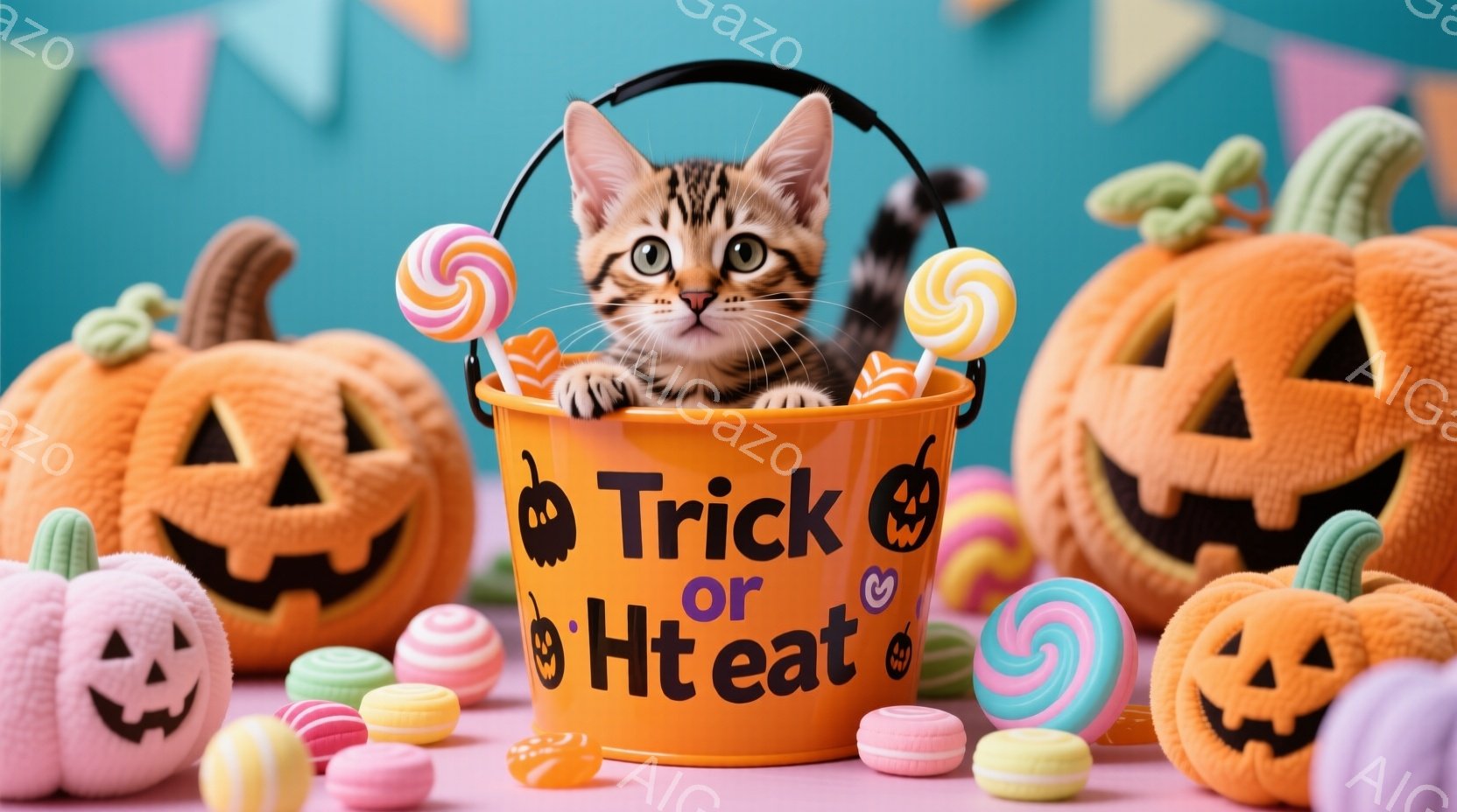 オレンジ色の「トリック・オア・トリート」と書かれたバケツの中に、縞模様の猫が可愛らしく顔を出しています。周りにはハロウィーンのお菓子や、ジャック・オー・ランタンの置物が並び、全体的に明るく楽しい雰囲気が漂っています。背景は鮮やかな水色で、お祭り気分を盛り上げています。