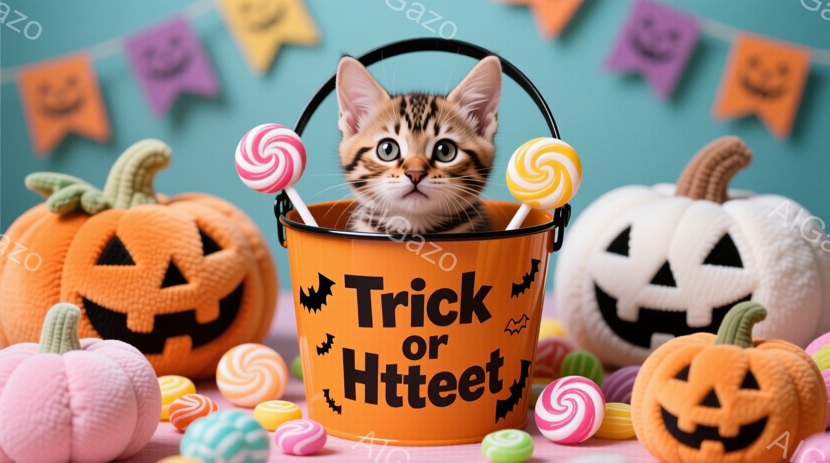 オレンジ色のハロウィーンのバケツの中に、縞模様の小さな子猫が座っています。周りにはカラフルなキャンディーや、様々な色のジャック・オ・ランタンが配置され、背景には可愛らしいハロウィーンの飾り付けが施されています。全体的に明るく、陽気で、お祭り気分を盛り上げるような雰囲気です。