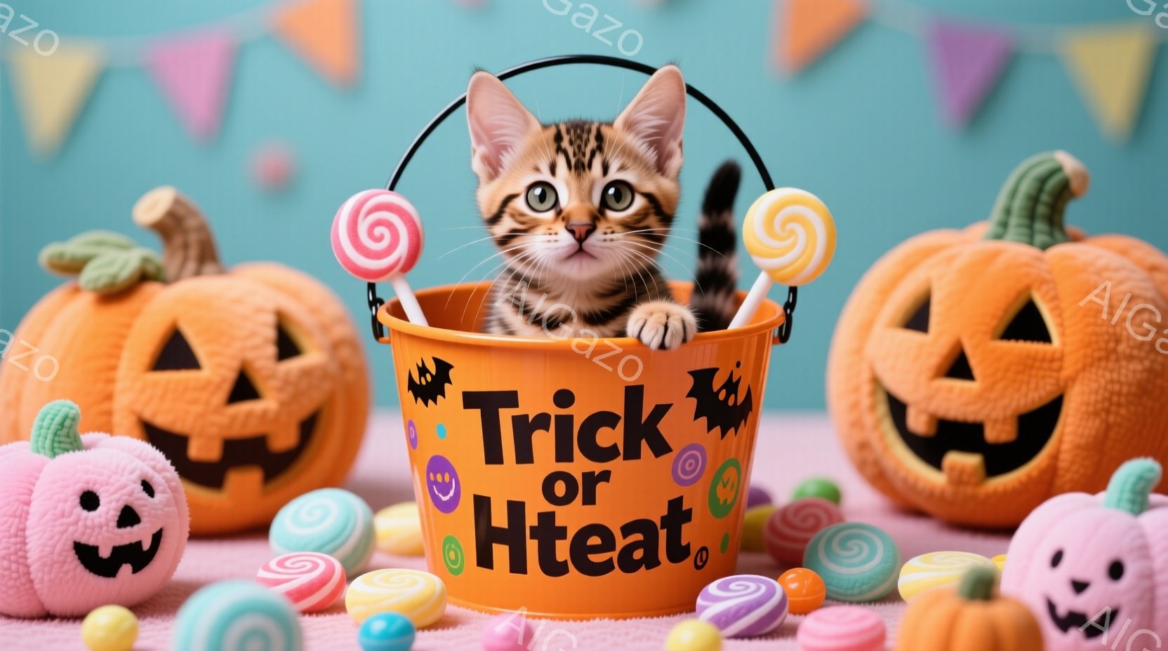 オレンジ色のハロウィーンのバケツの中に、縞模様の小さな子猫が座っています。子猫は好奇心旺盛な表情でカメラを見つめており、バケツの周りには様々なカラフルなキャンディーが散らばっています。背景には、かぼちゃの形をしたふわふわのぬいぐるみや、ハロウィーンのガーランドが飾られ、可愛らしく楽しい雰囲気を醸し出しています。