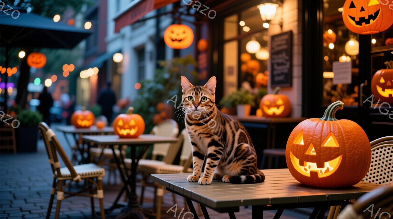 屋外カフェのテーブルに座っている縞模様の猫が写っています。周囲にはハロウィーンの装飾である様々な大きさのジャック・オー・ランタンが置かれ、カフェの建物は暗い中でライトアップされています。全体的に、夜のハロウィーンの雰囲気で、暖かく幻想的な光が猫を照らしています。