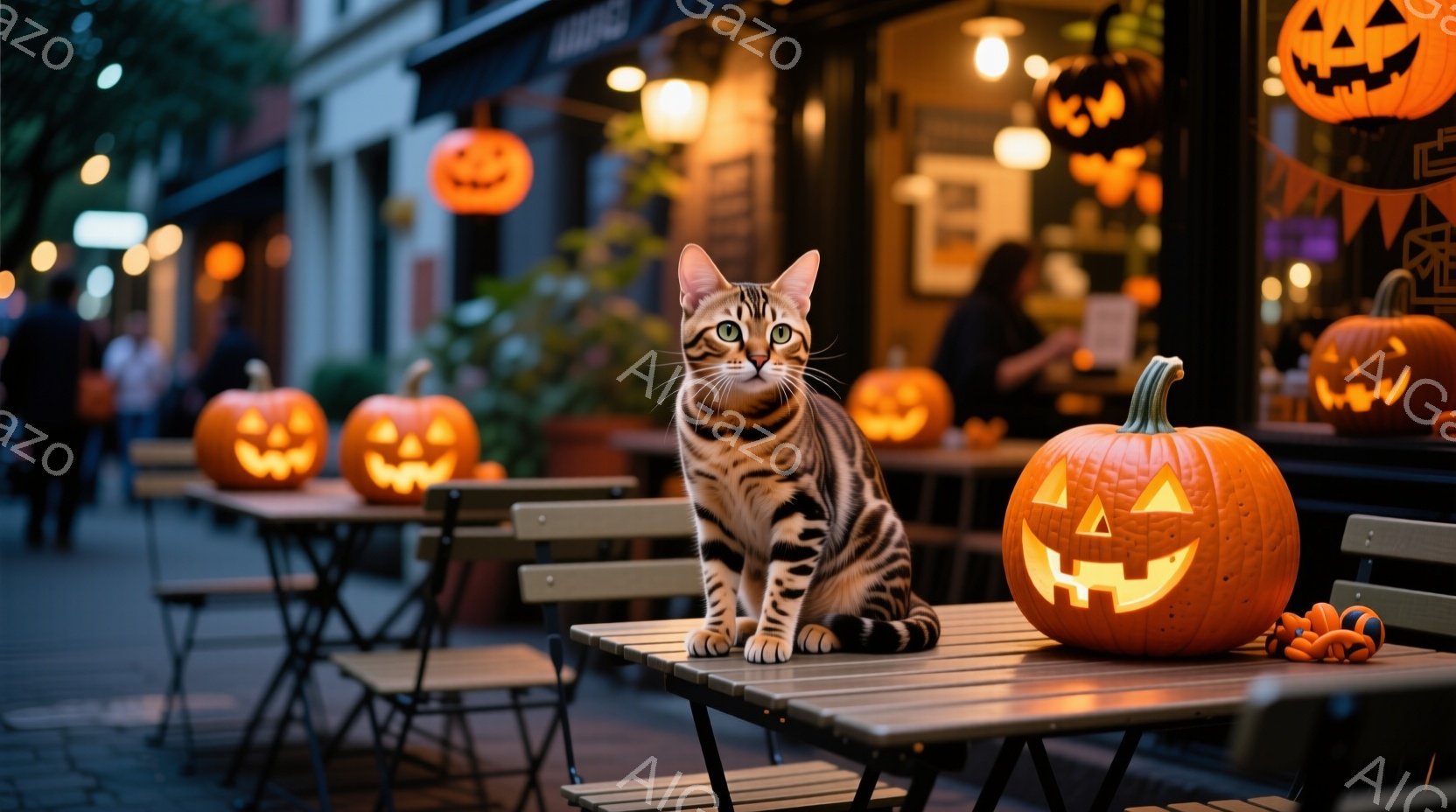 オレンジ色に彫刻が施されたハロウィンのカボチャが並ぶカフェの屋外席に、縞模様の猫が座っています。猫は正面を見据え、落ち着いた表情で、まるでカフェの番人のような姿です。背景には、ハロウィンの装飾が施されたカフェの店内が見え、暖かい光が灯り、秋の夜の穏やかな雰囲気を醸し出しています。