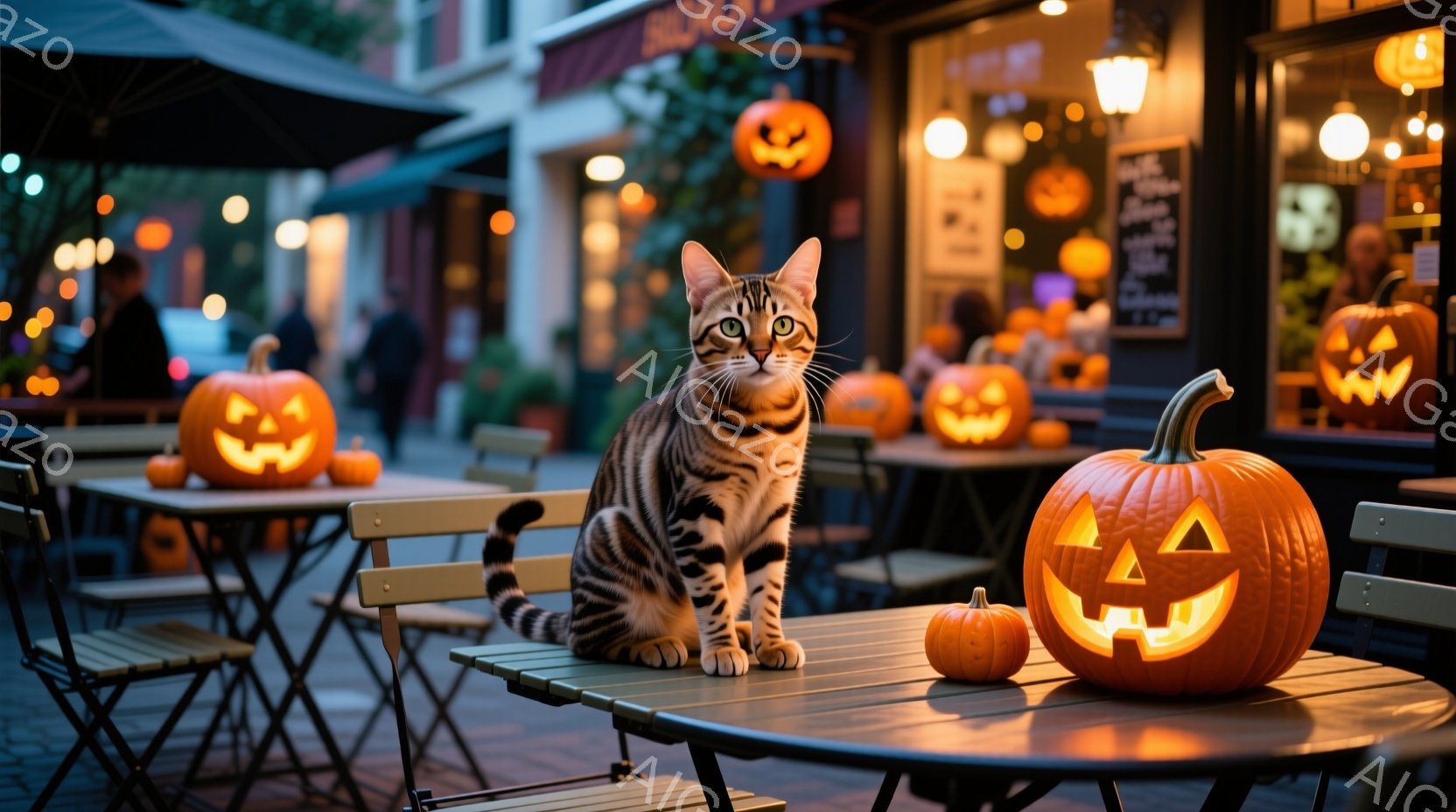 ハロウィーンの夜、カフェのテラス席に縞模様の猫が座っている。周囲にはジャック・オー・ランタンが置かれ、背景にはぼんやりとした人影と店が並び、暖かく幻想的な雰囲気を醸し出している。猫は前足を揃えて座り、 - AI生成フリー素材