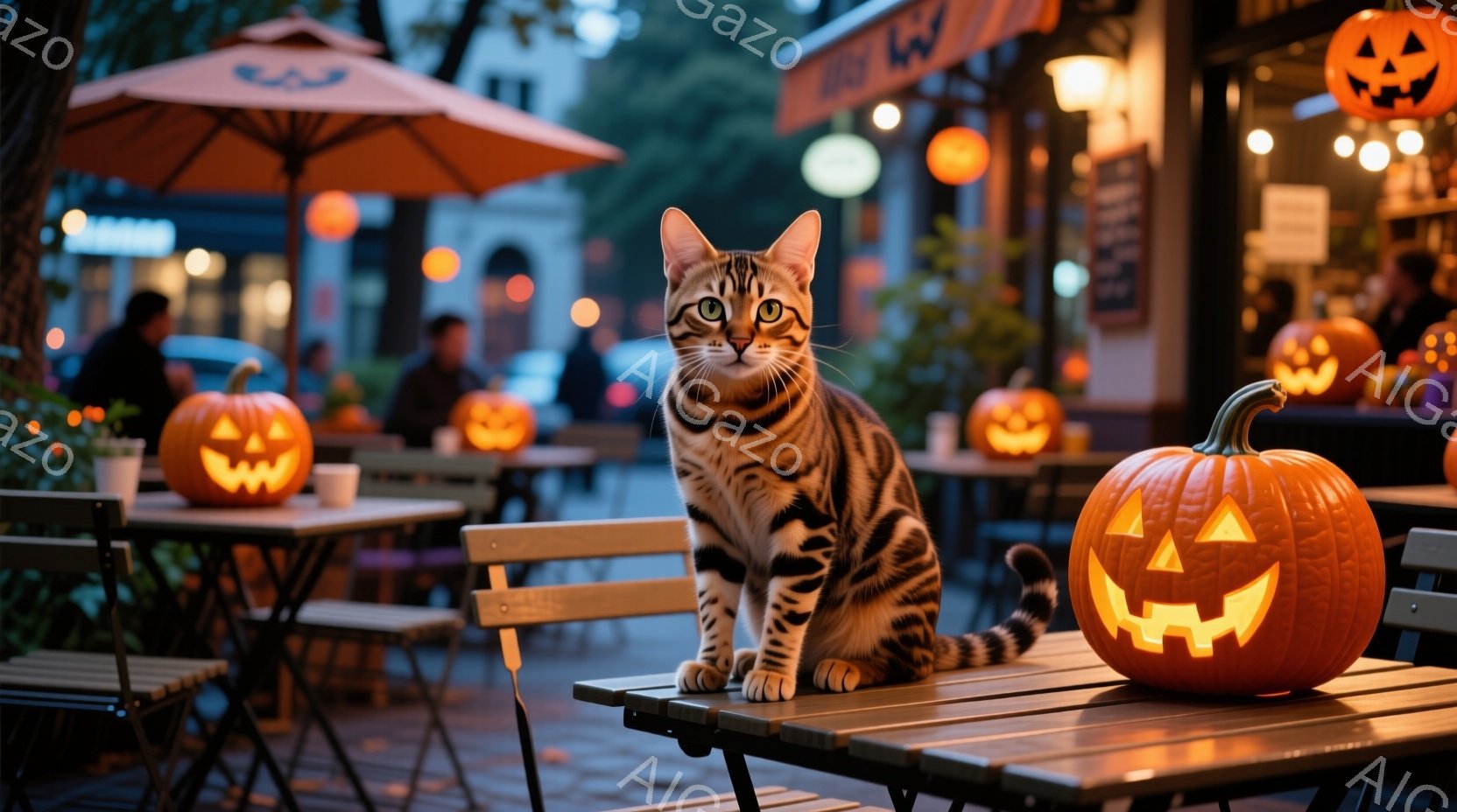 屋外のカフェのテーブルに、縞模様の猫が優雅に座っています。周囲にはジャック・オ・ランタンが置かれ、ハロウィーンの雰囲気を醸し出しています。背景にはぼやけた街並みが広がり、暖色系の光が灯り、秋の夜の温か - AI生成フリー素材