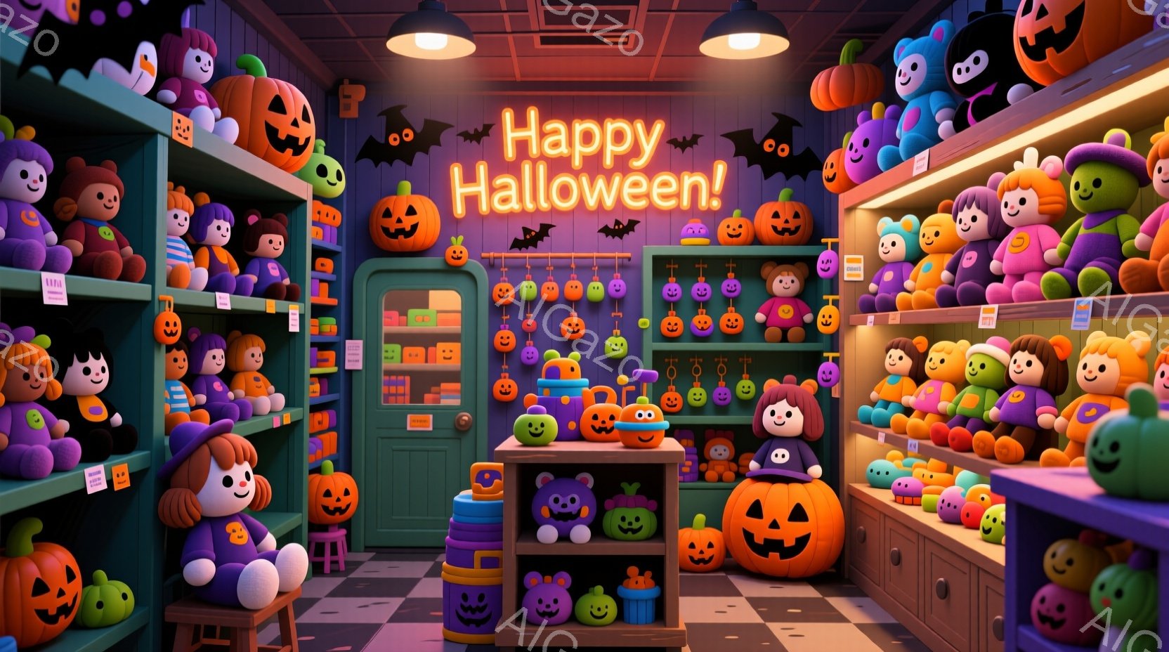 ハロウィーンの飾り付けがされた店内で、様々な表情をした可愛らしいカボチャのぬいぐるみや装飾品が所狭しと並べられています。紫、オレンジ、緑などの鮮やかな色が使われており、壁にはハロウィーンのモチーフが描 - AI生成フリー素材