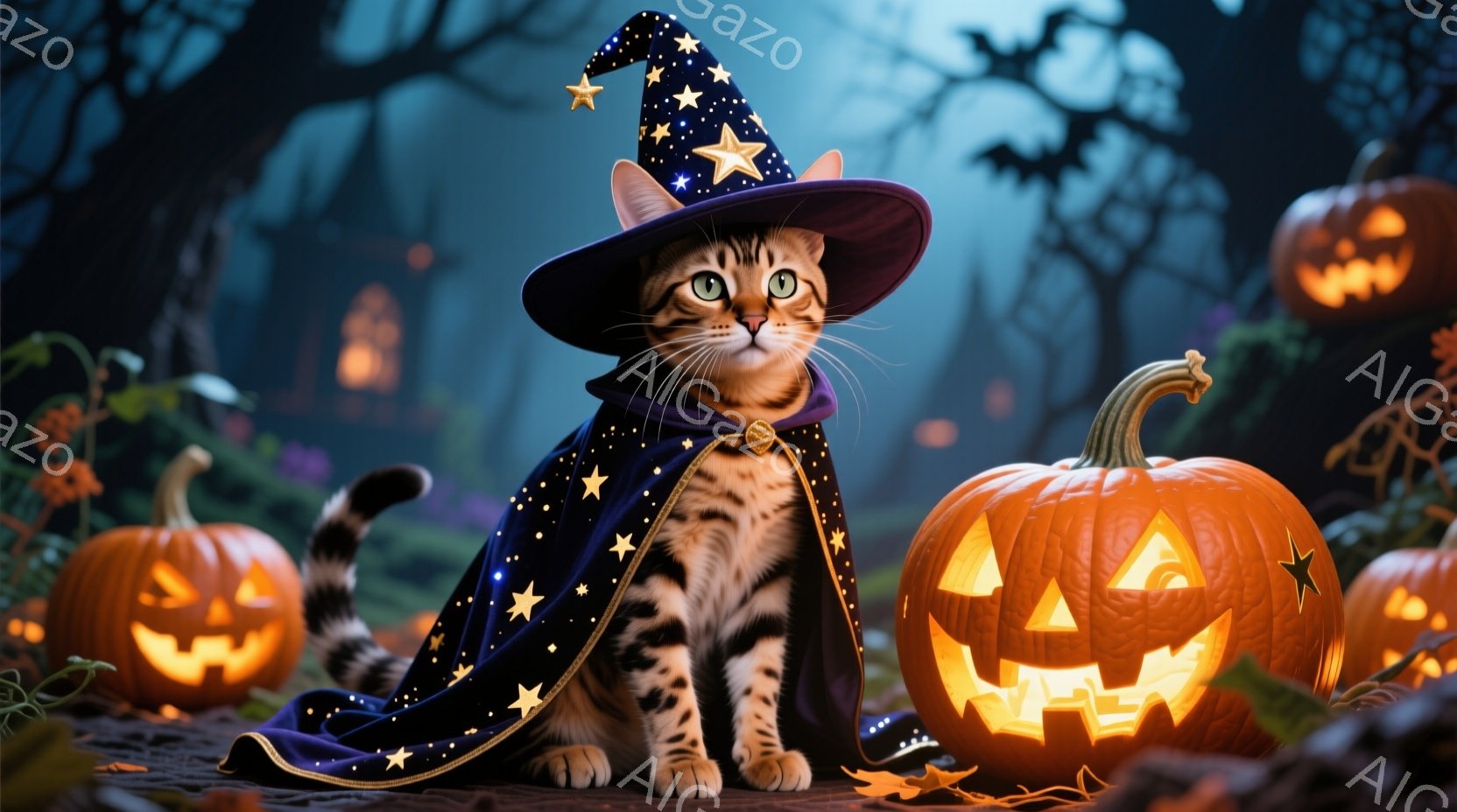 茶色の縞模様の猫が、星が散りばめられた黒いマントと先のとがった帽子を身に着けて座っています。猫は少し上目遣いで、いたずらっぽい表情をしています。背景には、ジャック・オー・ランタンがいくつか置かれ、暗い - AI生成フリー素材
