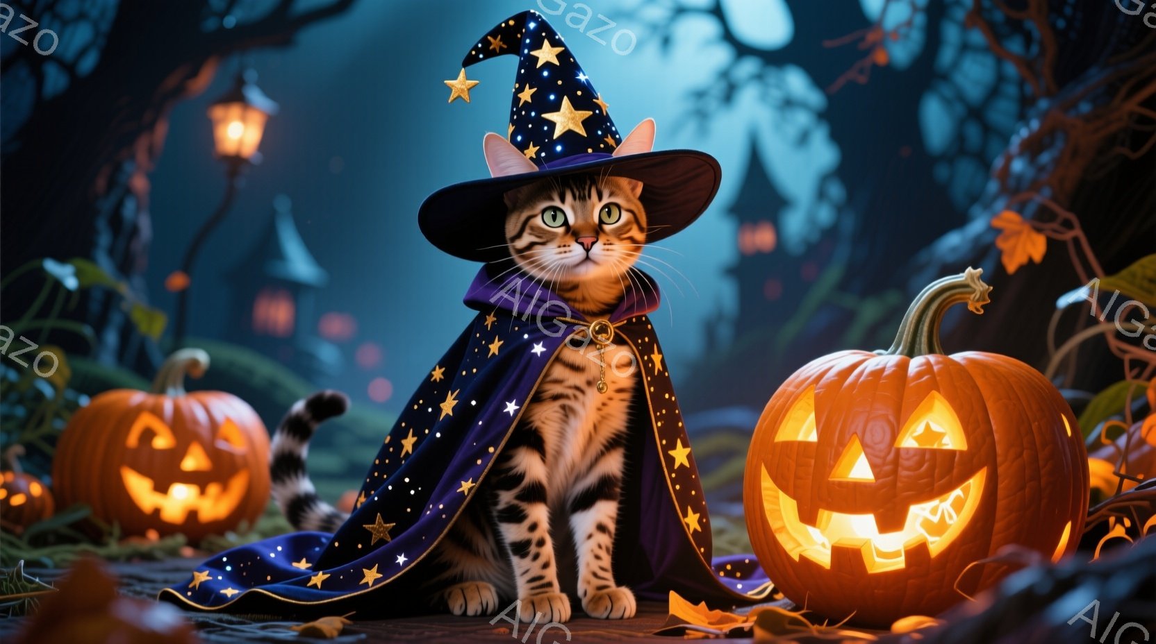 縞模様の猫が、星が散りばめられた紫色のマントと先のとがった帽子を身に着け、正面を見つめている。周囲にはジャック・オー・ランタンが置かれ、暗い森の中、落ち葉が散らばる地面に座っている。 全体的に、ハロウィーンの神秘的で楽しい雰囲気が漂っている。