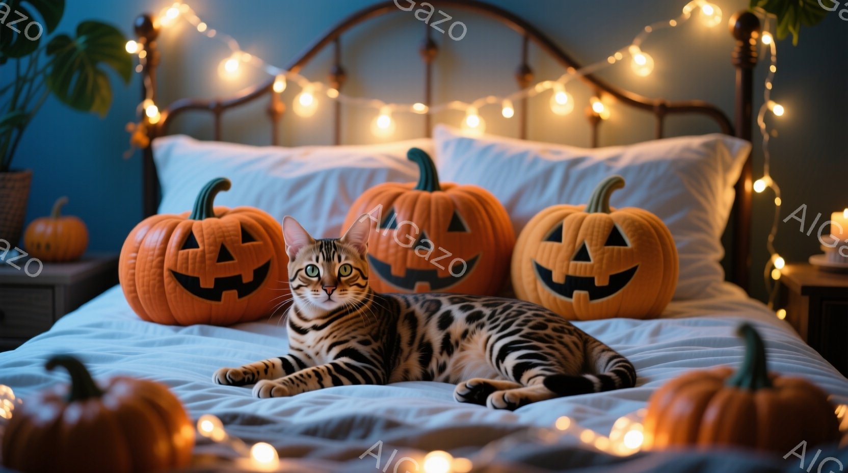 明るいオレンジ色のハロウィンカボチャに囲まれた、美しい斑点模様の猫がベッドに横たわっています。猫はリラックスした様子で、穏やかな表情でカメラを見つめています。ベッドの周りには、暖かく優しい光を放つフェアリーライトが飾られており、ハロウィンの雰囲気を感じさせます。