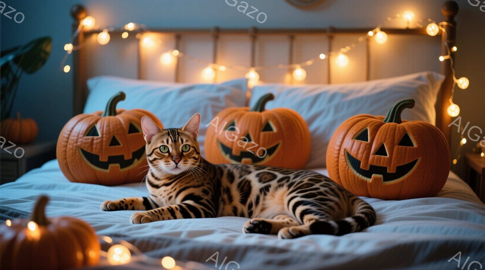 縞模様の猫が、ハロウィーンのくり抜かれたカボチャに囲まれてベッドに横たわっています。ベッドは白く、背景にはぼやけた植物と、温かい光を放つ小さな電球のガーランドが見えます。全体的に、温かく、居心地の良い、ハロウィーンの雰囲気です。