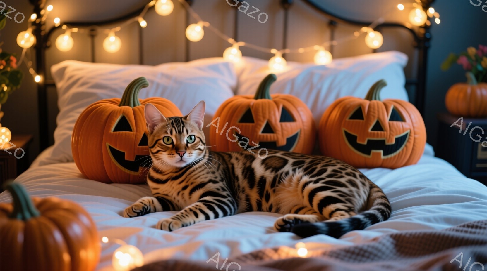 白いベッドの上に、オレンジ色のハロウィンカボチャに囲まれた茶色の縞模様の猫が横たわっています。猫はリラックスした様子で、カメラに向かってわずかに視線を送っています。背景には、点灯した小さなライトが飾ら - AI生成フリー素材