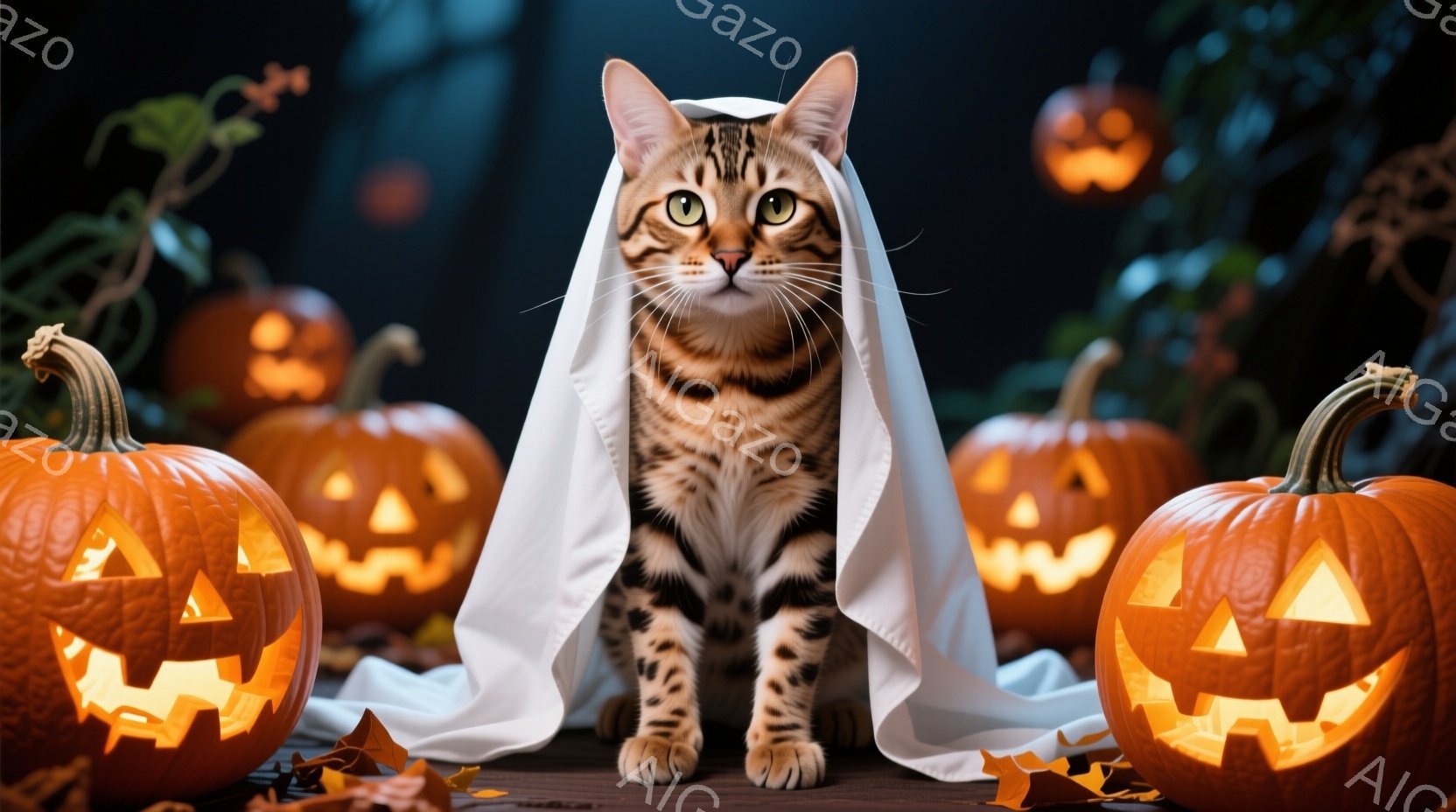 縞模様の猫が白い布をマントのように羽織って座っており、少し得意げな表情をしています。背景には、ジャック・オー・ランタンがいくつか配置され、暗い背景とオレンジ色の光がハロウィーンの雰囲気を醸し出していま - AI生成フリー素材