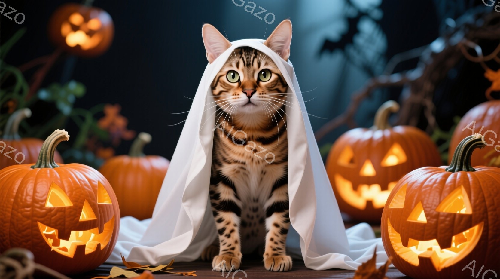 ホットペッパー豆本のカバーを模倣するスタイルで撮影されたもので、その独特のエフェクトが使われています。中心にあるタイガー・キャットは、白布のようなものを身体に巻き、見つめる表情をしており、頭部から尾の上まで覆っています。背景には多数のジャック・オランジが描かれており、それぞれに炎のようなエフェクトが加わっていることで、ホログラム風に製作された印象を与えます。全体の雰囲気は、ホットペッパースタイルの恐怖心を引き出すものとなります。