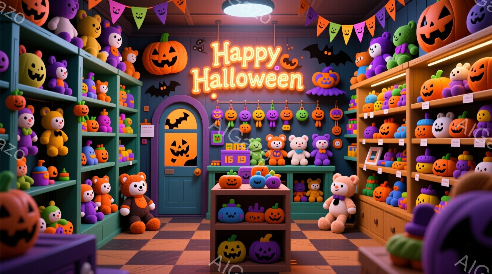 店内はハロウィーンの装飾で溢れ、オレンジ、紫、緑色のカボチャのぬいぐるみで埋め尽くされています。可愛らしいカボチャのぬいぐるみは棚やカウンターに整然と並べられており、店内の温かい照明がそれらを照らしています。全体的に、可愛らしくて楽しいハロウィーンの雰囲気が漂う、ぬいぐるみ専門店です。