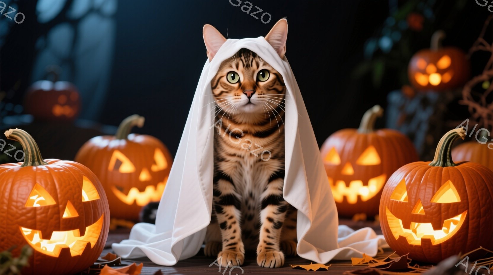 縞模様の猫が白い布を頭から羽織り、ハロウィーンの仮装をしている。周囲にはジャック・オー・ランタンが置かれ、落ち葉が散らばる暗い背景が、ハロウィーンの不気味な雰囲気を醸し出している。猫は正面を見据え、落 - AI生成フリー素材