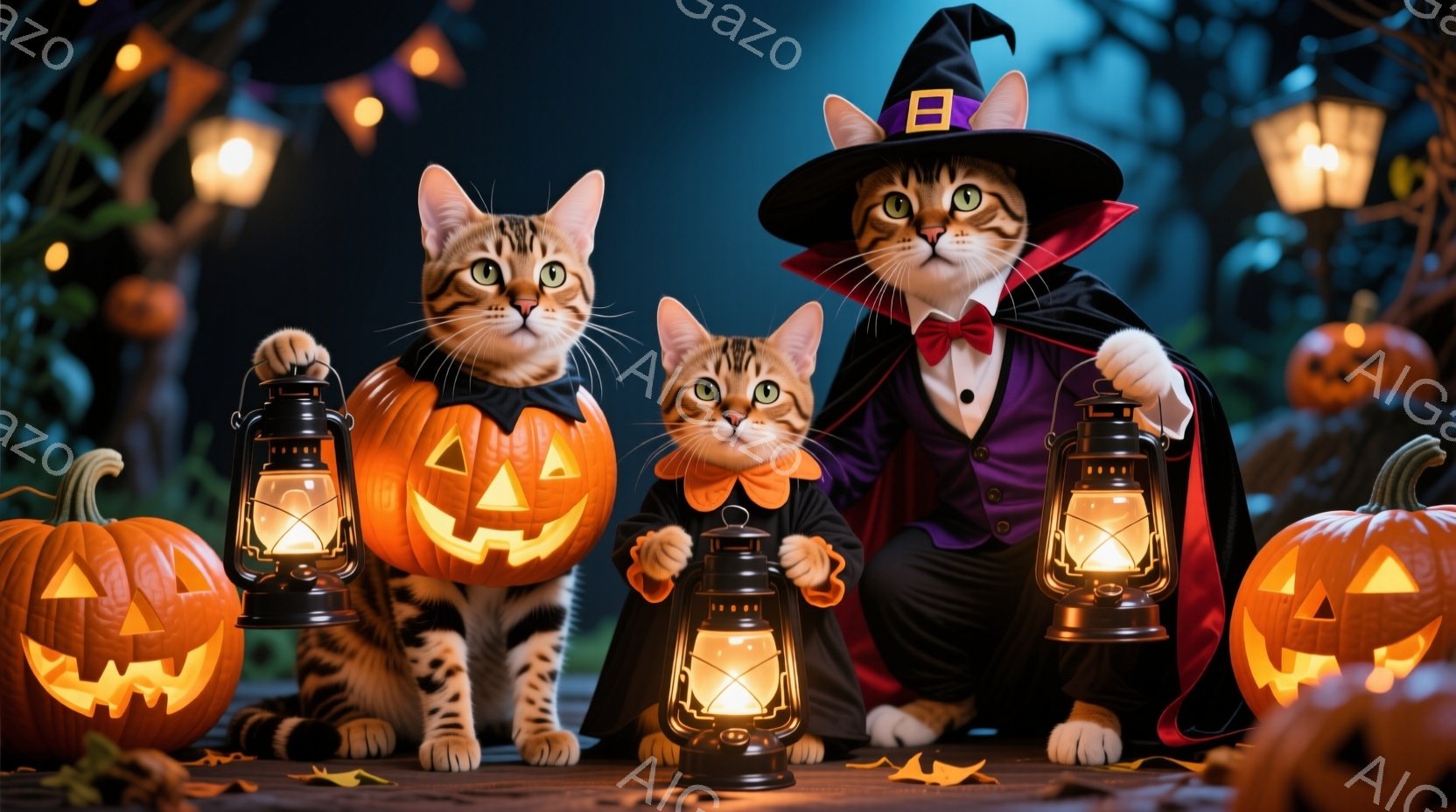 ハロウィーンをテーマにした猫たちが、切り開かれたカボチャに囲まれて描かれている。一匹は魔女の帽子と襟付きのシャツを着て、もう一匹はヴァンパイア風のタキシードとマントを身に着けており、それぞれ手に提灯を - AI生成フリー素材