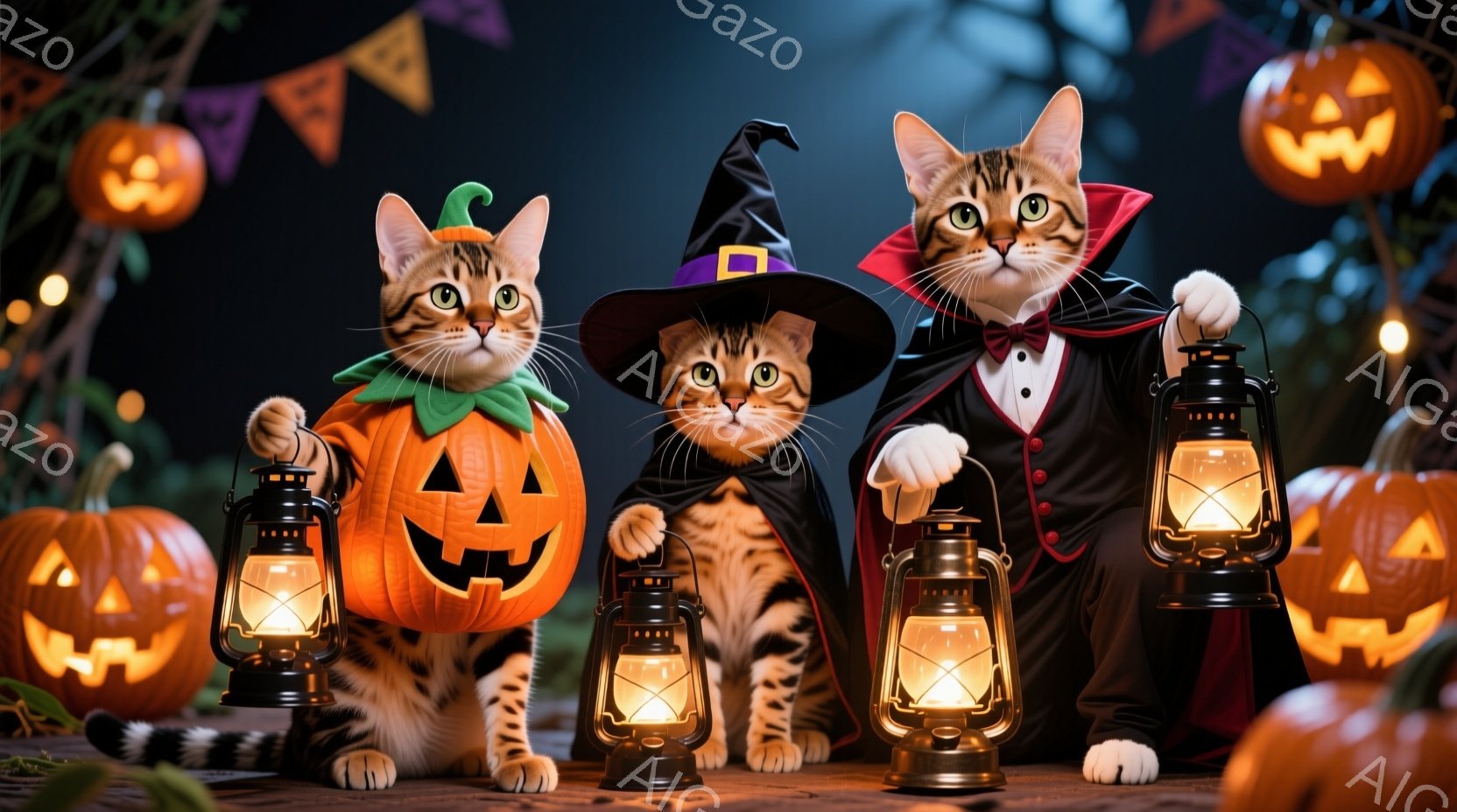 ハロウィーンの衣装を着た三匹の猫が写っています。左の猫はカボチャの衣装を着て、中央の猫は魔女の帽子をかぶり、右の猫はドラキュラの衣装を着て、それぞれ提灯を持っています。背景には、ジャック・オー・ランタンやイルミネーションが灯り、ハロウィーンの夜の雰囲気を醸し出しています。