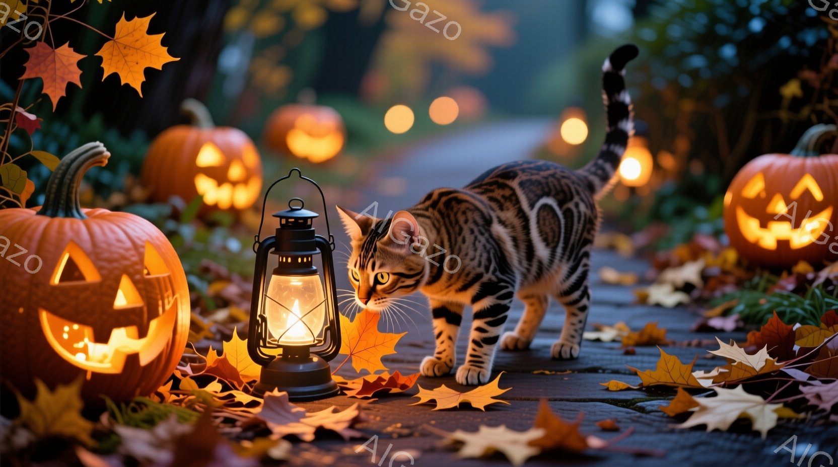 舗装された道に、ジャック・オー・ランタンと落ち葉が散らばり、その中央を縞模様の猫が慎重に歩いています。猫は前足を前に出し、緊張した表情で何かに集中しているようです。背景にはぼやけたオレンジ色の光が灯る - AI生成フリー素材