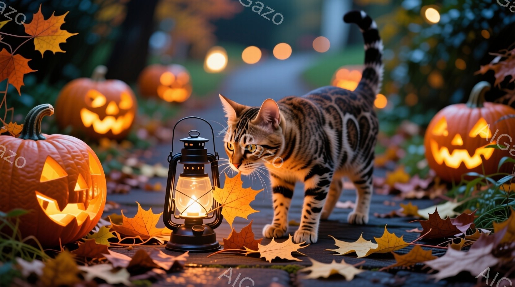 石畳の道にカボチャのランタンと紅葉が散らばり、背景にはぼんやりと光る家々が見えます。トラ柄の猫が、前足を慎重に踏み出しながら道を歩いており、その表情は少し警戒しているようです。 全体的にハロウィンの夜 - AI生成フリー素材